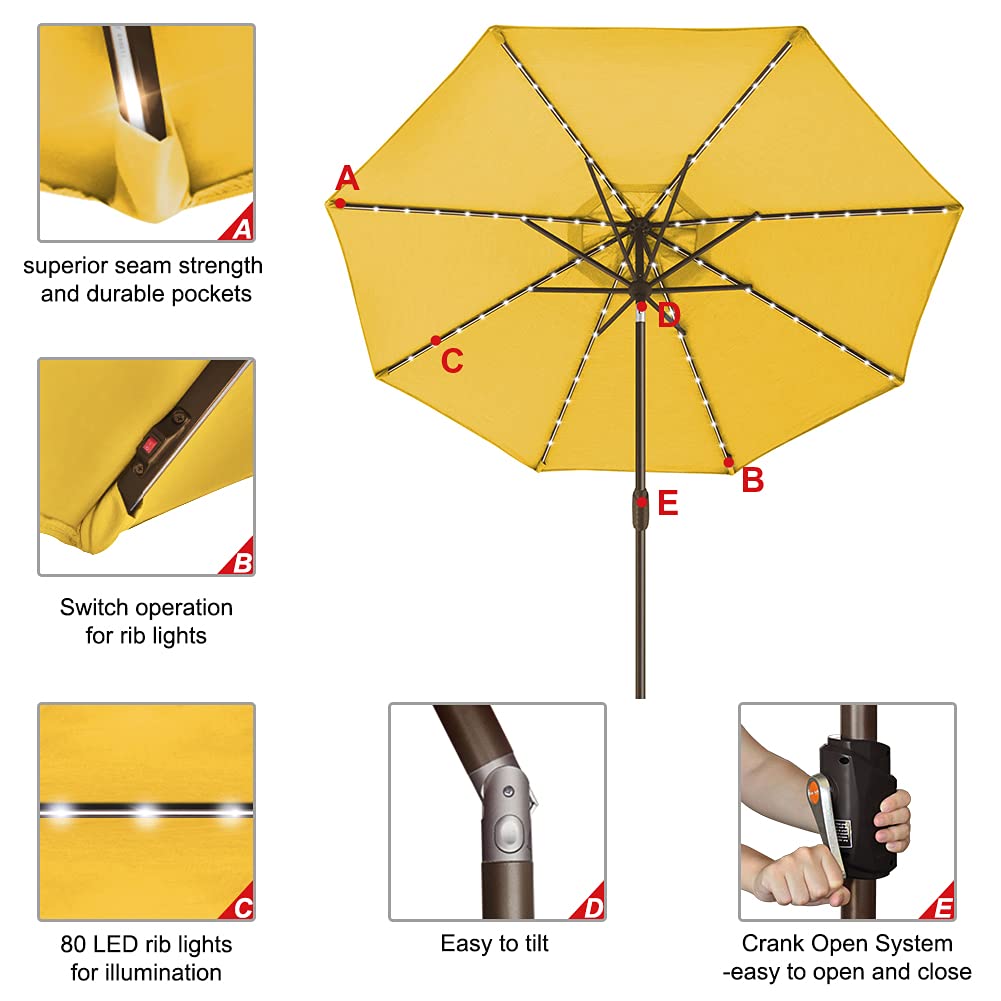 EliteShade USA 10-Year Fade-Resistant 9ft Solar LED Patio Umbrella with 80 Lights - Outdoor Market Umbrella with Ventilation & Sunflower Yellow Design - Perfect for Backyard, Poolside, and Restaurant Outdoor Dining
