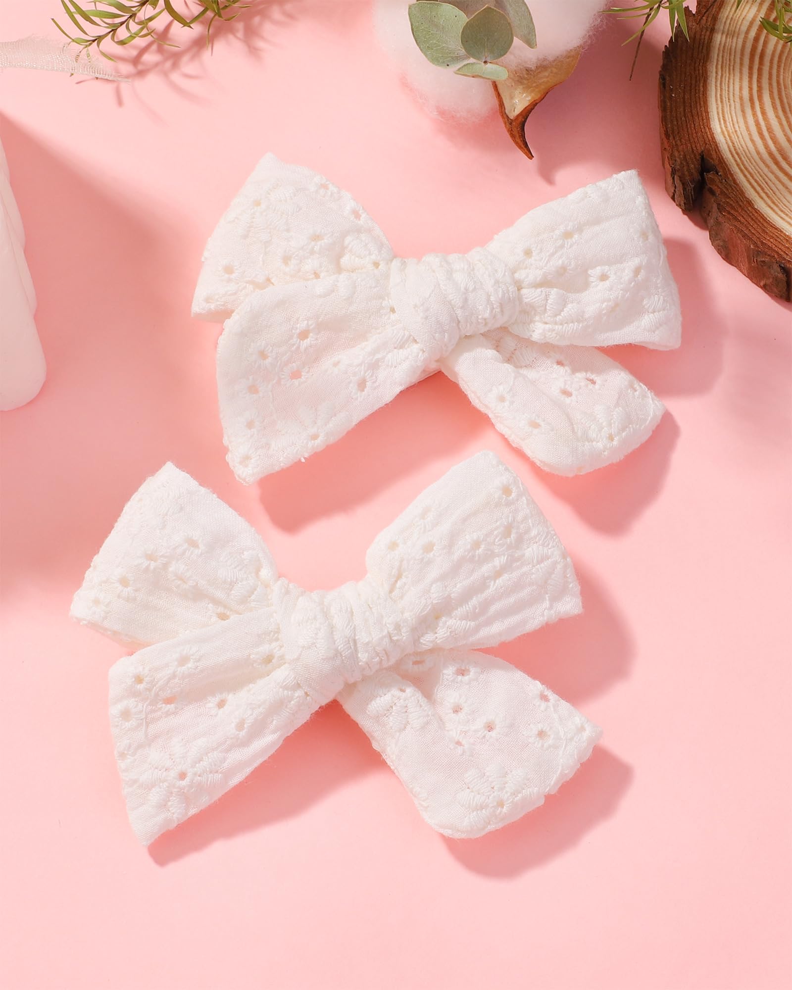 Jollybows 2-Piece 3.2 Inch Baby Girl Hair Bows - Neutral Linen White Eyelet Pigtail Clips for Toddlers | Perfect for Daily Wear, Photoshoots & Special Occasions