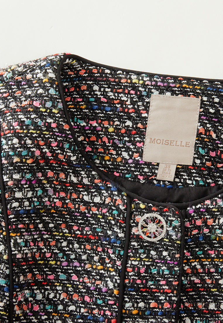 Elegant Tweed Round Neck Jacket with Hollow Carved Crystal Buttons - Perfect for Office Wear, Parties, and Casual Outfits