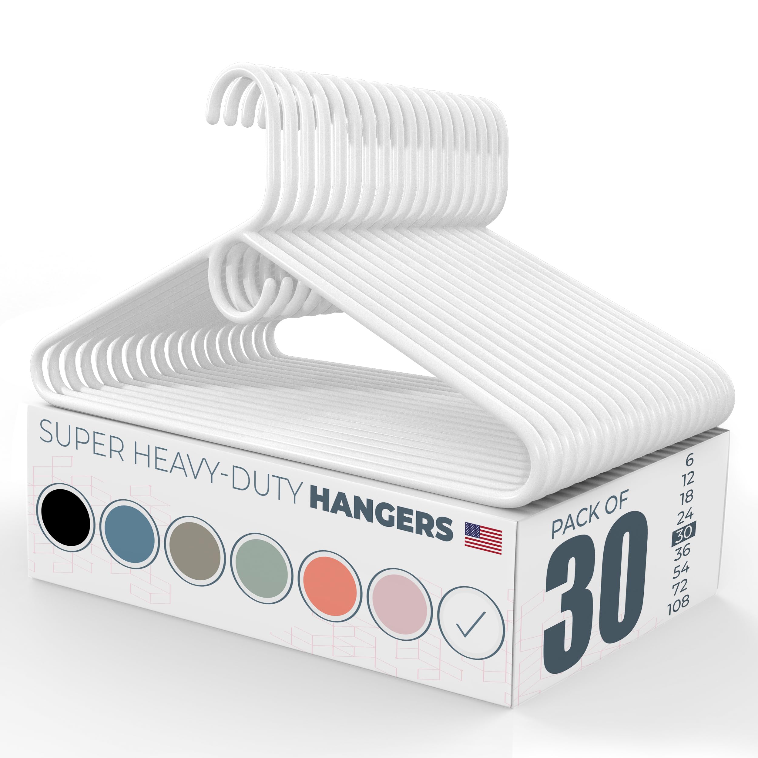 Super Heavy Duty Plastic Clothes Hangers Bulk Pack - 20/30/50/100 Pack Options | Strong Durable Coat Hangers for Closet Organization | Made in USA (30 Pack, White) - Perfect for Retail Stores, Laundry Rooms & Home Wardrobe Storage