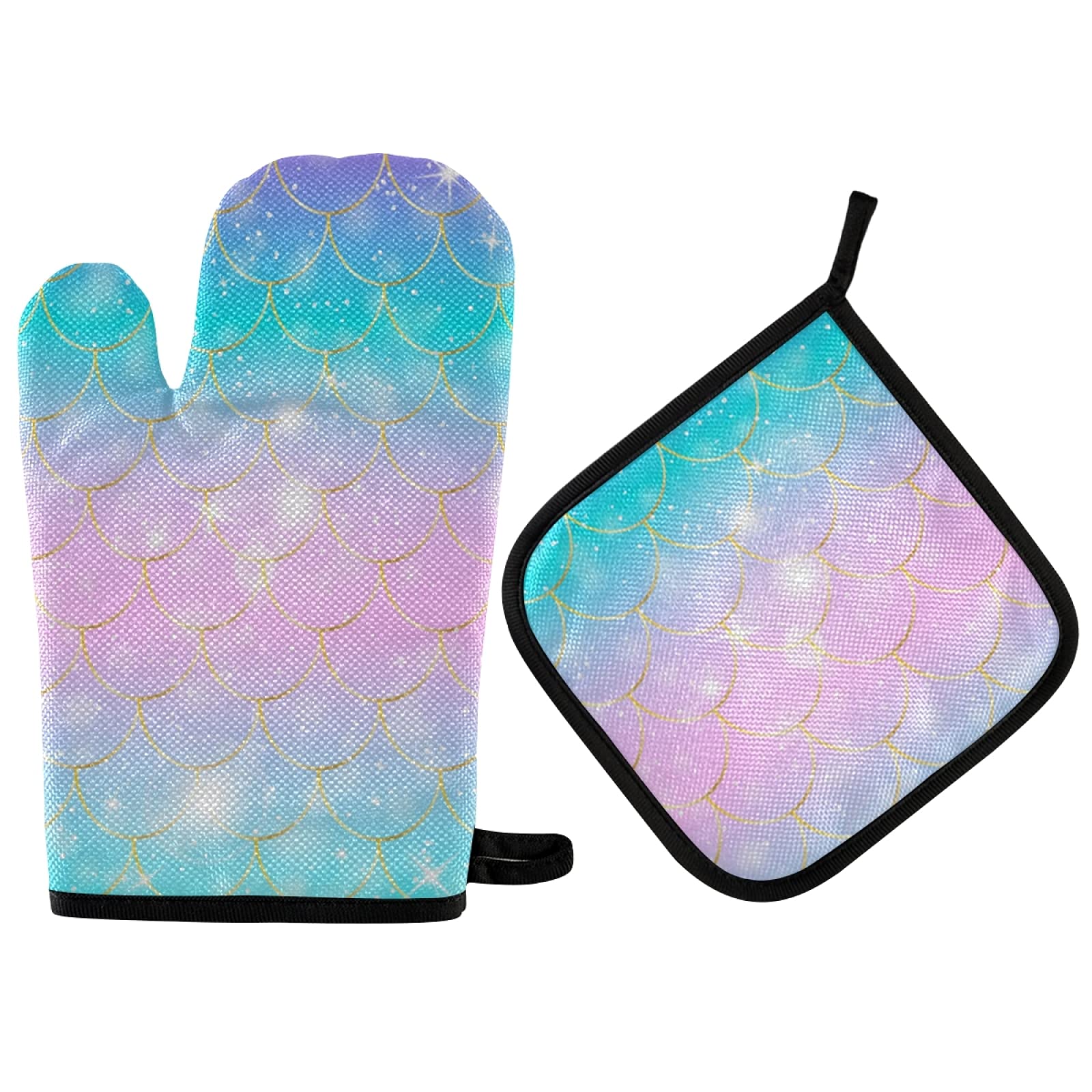 QUGRL Glitter Mermaid Scales Oven Mitts & Pot Holders Set - Heat Resistant Kitchen Gloves for Baking, Cooking & BBQ - Blue, Pink, Purple Hot Pads for Safe Handling of Cookware & Bakeware - Perfect for Holiday Gifts & Home Decor