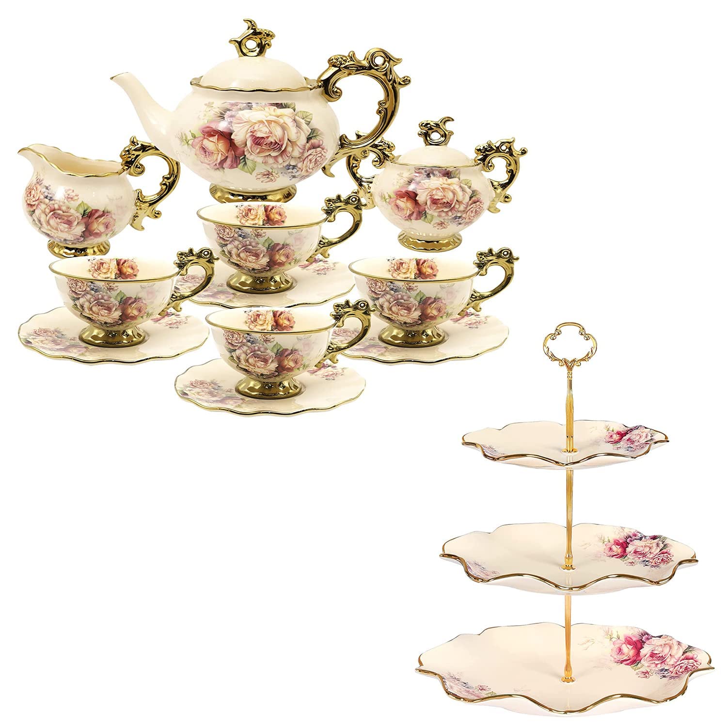 Vintage Porcelain Tea Set for 6 People with 3-Tier Cupcake Stand - Elegant China Tea Party Set for Weddings, Bridal Showers & Afternoon Tea Gatherings