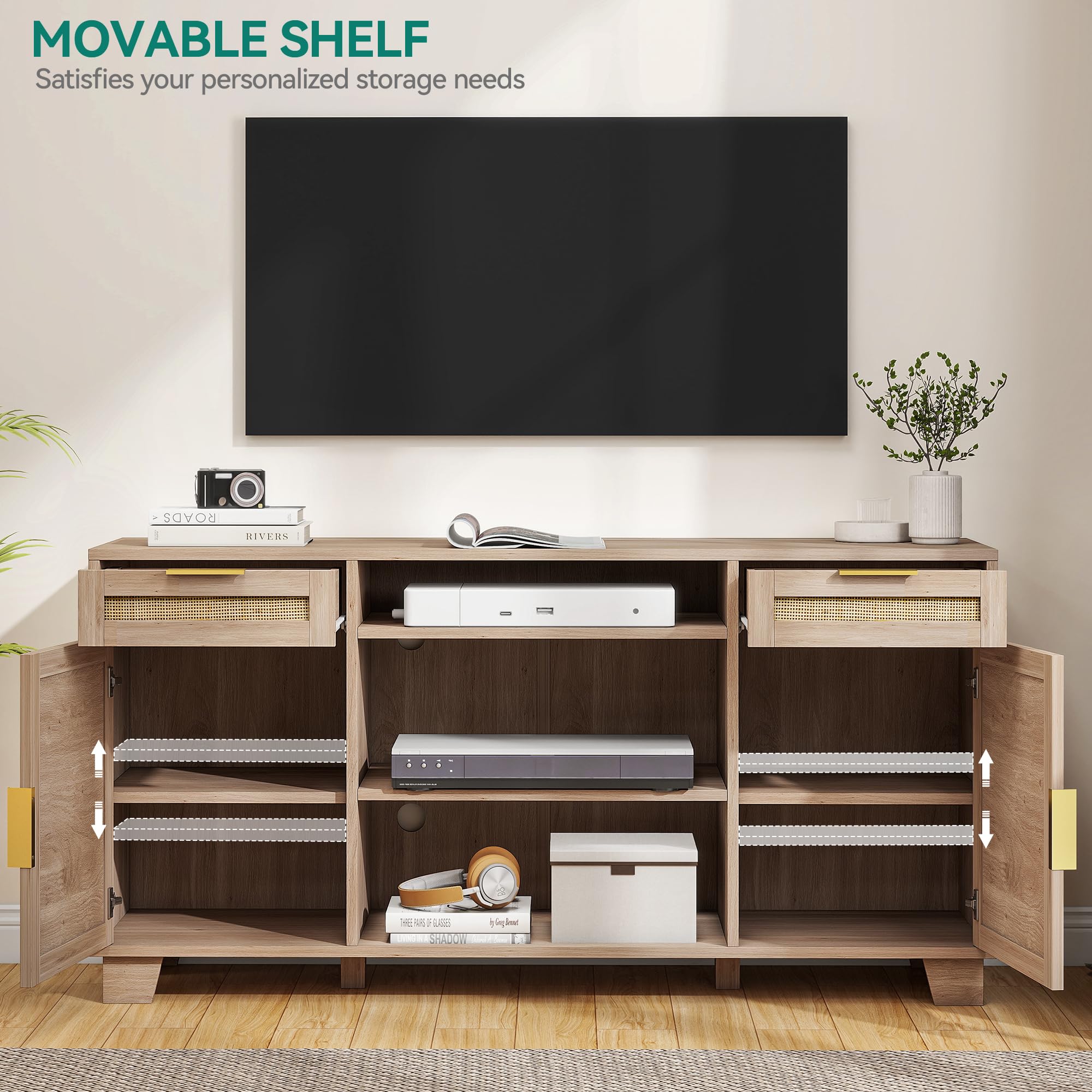 YITAHOME 65 Inch TV Stand with Storage, Boho Rattan Entertainment Center with Drawers & Adjustable Shelves - Natural Oak TV Media Console for Living Room, Bedroom & Home Theater