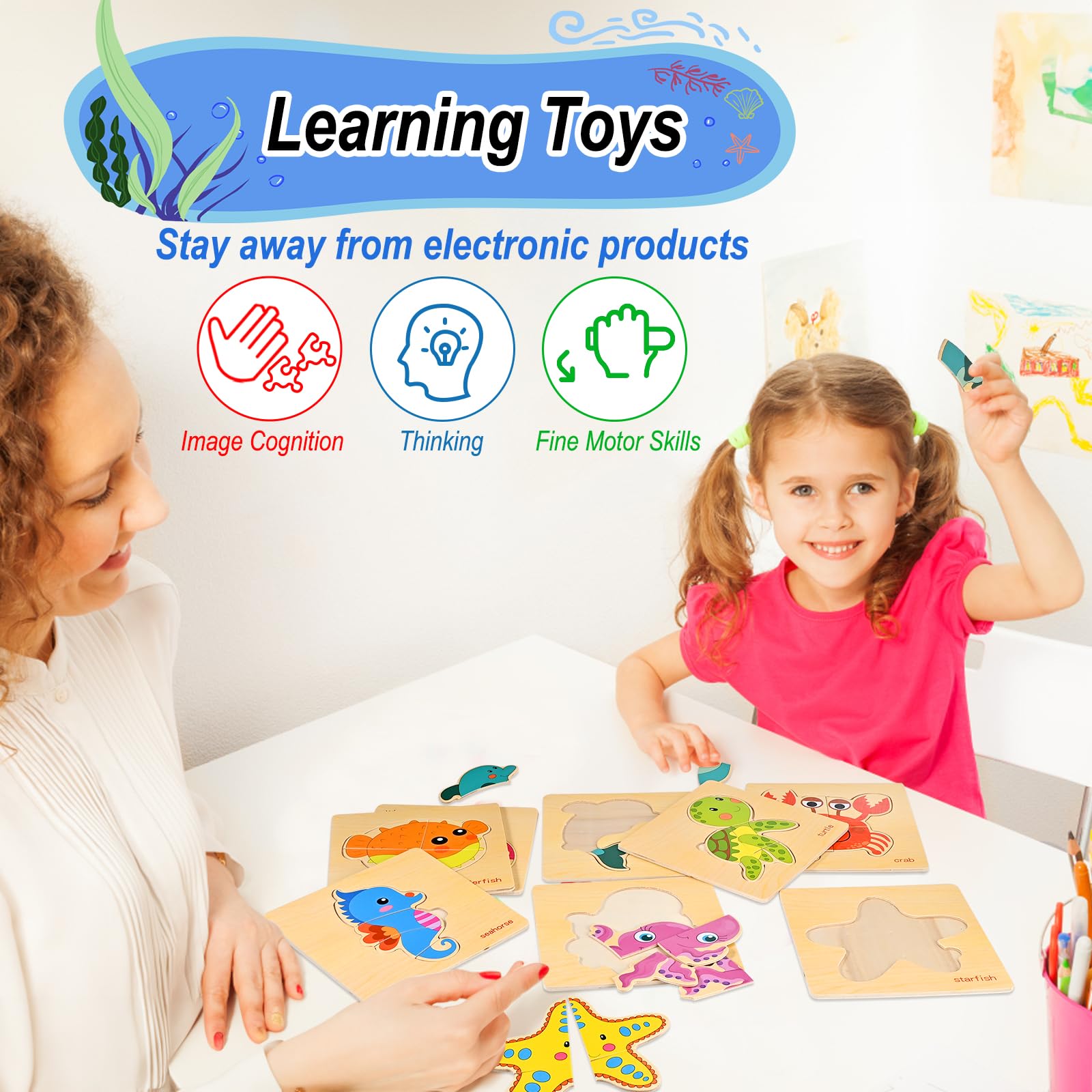 8-Piece Wooden Toddler Puzzles for Ages 1-3 | Montessori Educational Toys for Boys & Girls | Ocean Animal Jigsaw Learning Games for Preschoolers 2-4 Years Old | Perfect for Early Childhood Development & Playtime Activities