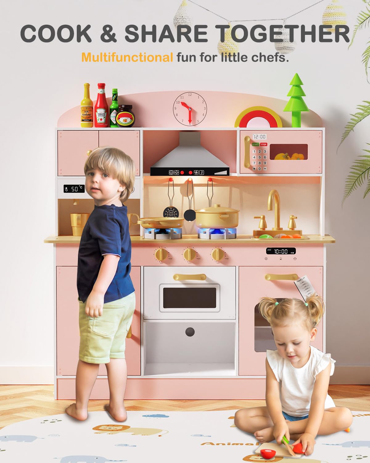 Babytronic Wooden Play Kitchen Set for Kids - Pretend Play Toy Kitchen with Lights & Sounds, Stove, Oven, Microwave & Coffee Maker Accessories - Educational Toddler Toy for Ages 3+ (Pink) - Perfect for Imaginative Play, Preschool Learning & Birthday Gifts