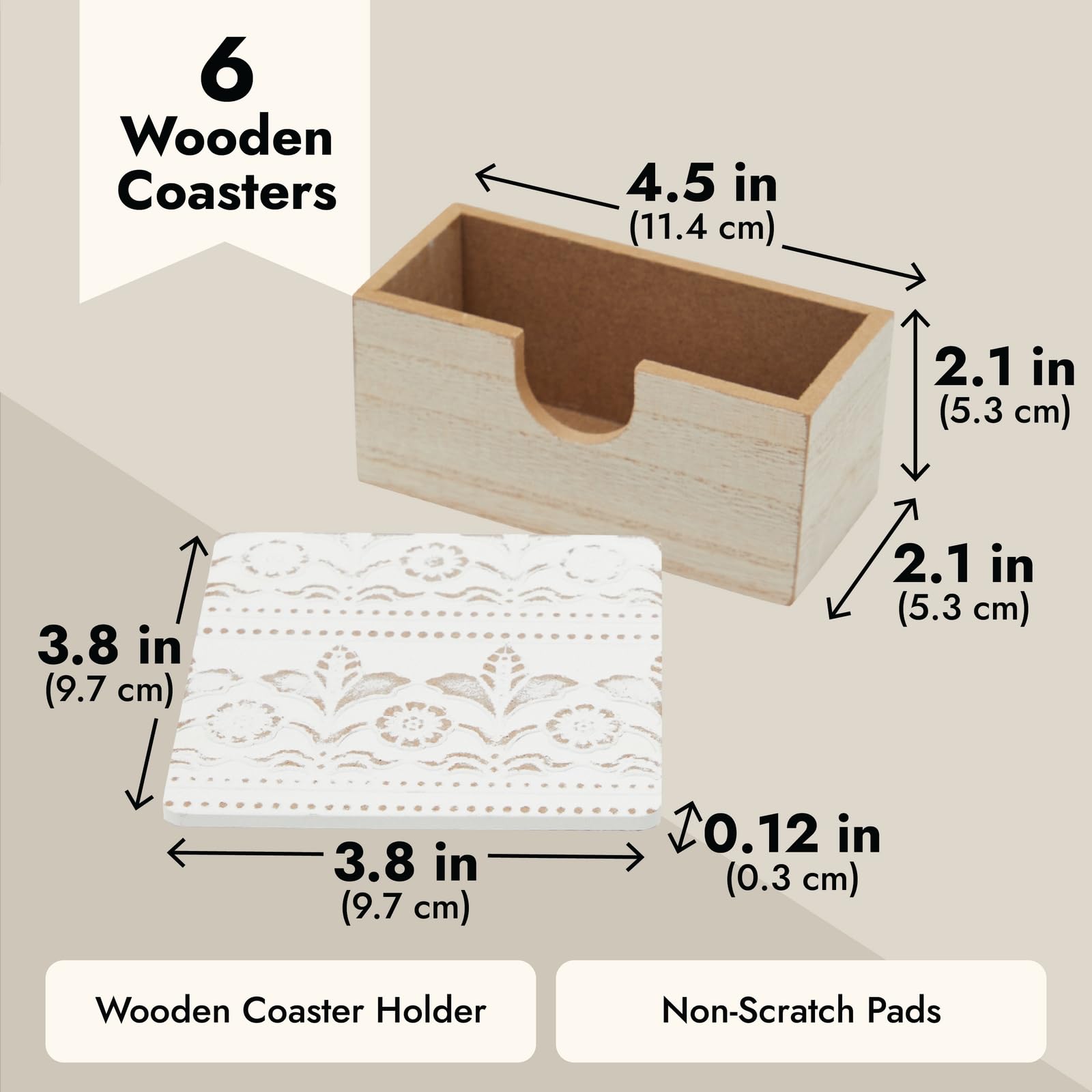 Juvale Set of 6 White Wooden Drink Coasters with Holder - 3.8 Inch Round Absorbent Pads for Coffee, Tea, Wine - Rustic Farmhouse Decor for Dining Table, Living Room, and Kitchen Use