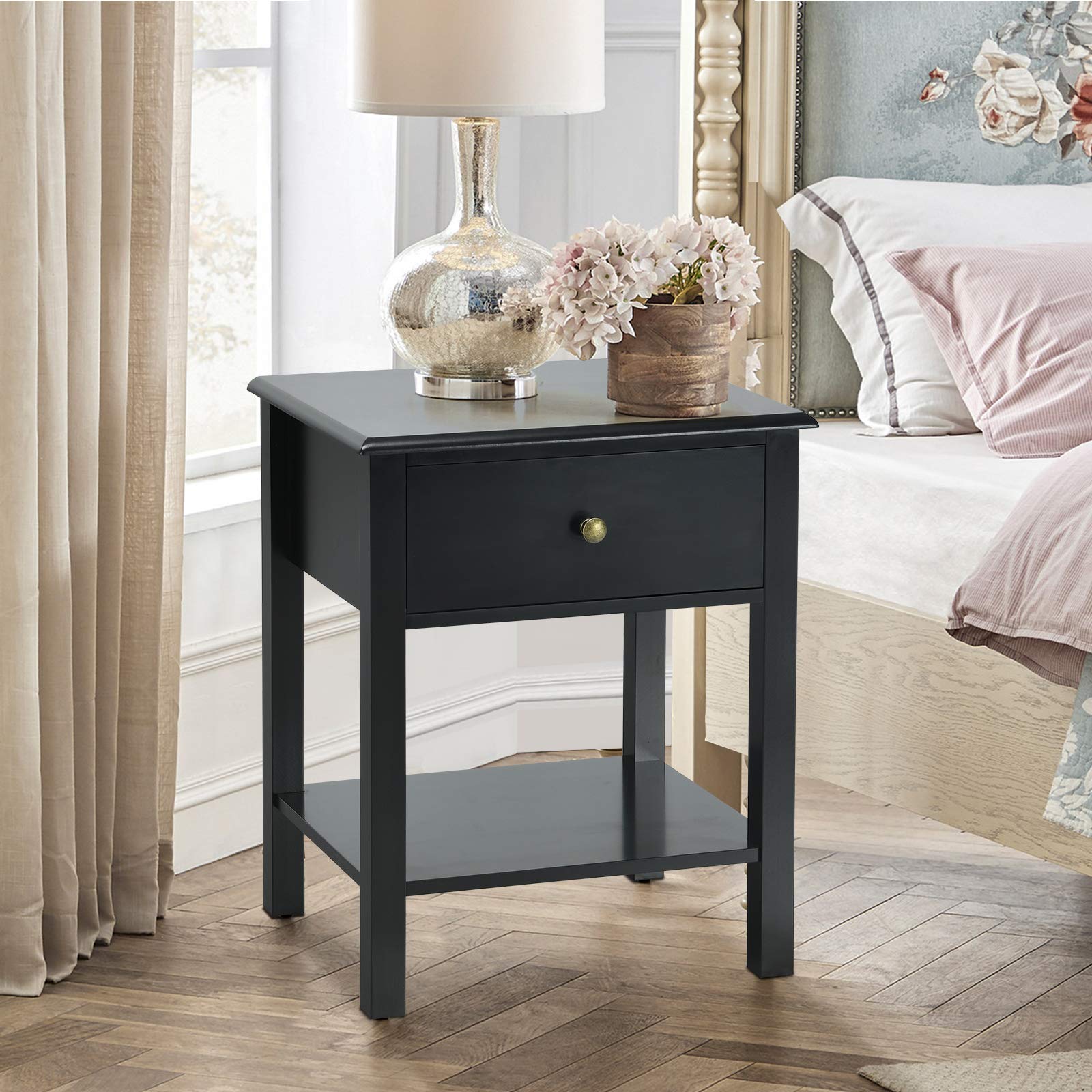 Giantex Nightstand Set of 2 - Modern 2-Tier End Tables with Drawer & Open Shelf, Wooden Bedside Tables for Bedroom, Dorm, Small Spaces - Easy Assembly, Black | Perfect for Storing Books, Lamps & Bedroom Essentials