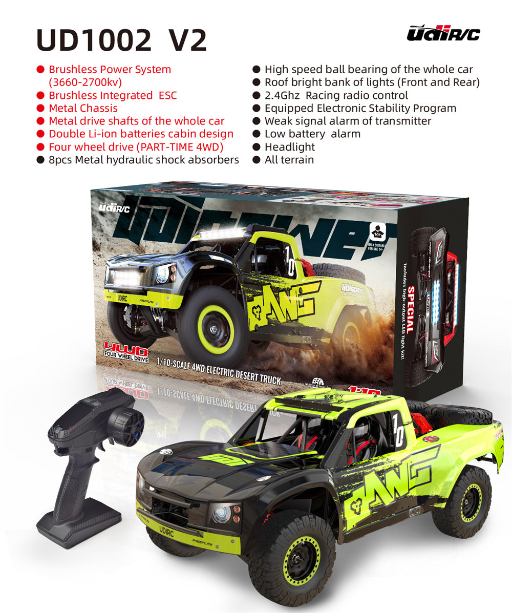 UDIRC 1002SE V2 1/10 Scale 4WD Brushless RC Truck - 60km/h High Speed, LED Lights, Gyro Stabilizer, All Terrain Off Road Remote Control Car for Adults & Kids - Perfect for Backyard Racing, Off-Road Adventures & RC Hobby Enthusiasts
