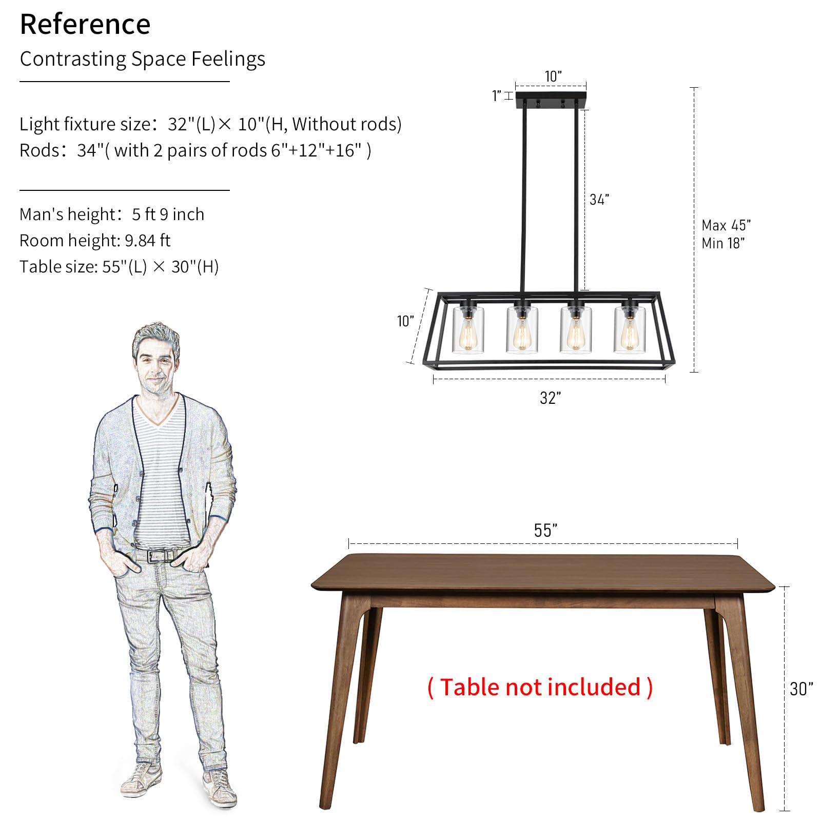 Black Farmhouse Chandeliers for Dining Room, Rustic Kitchen Island Pendant Light, 4-Light Linear Pendant Lamp with Glass Shade, Perfect for Dining Room Lighting Over Table and Kitchen Island