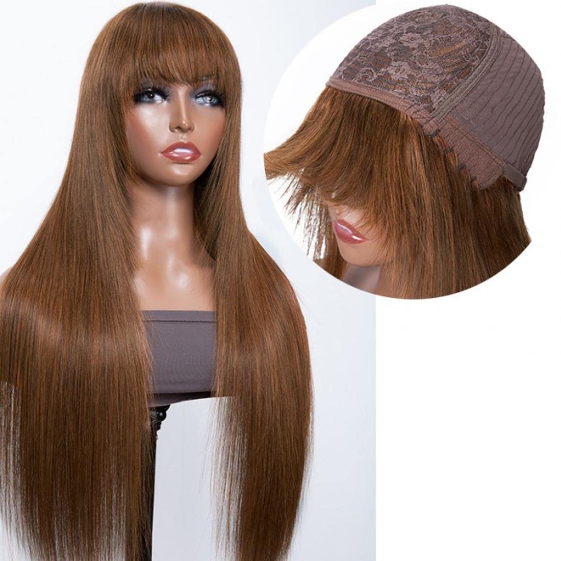 Beauty Forever #4 Chocolate Brown Straight Human Hair Wig with Bangs - Glueless Layered Cut 150% Density 22 Inch Dark Brown Full Machine Made Lace Front Wig for Women | Perfect for Cosplay, Daily Wear & Special Occasions