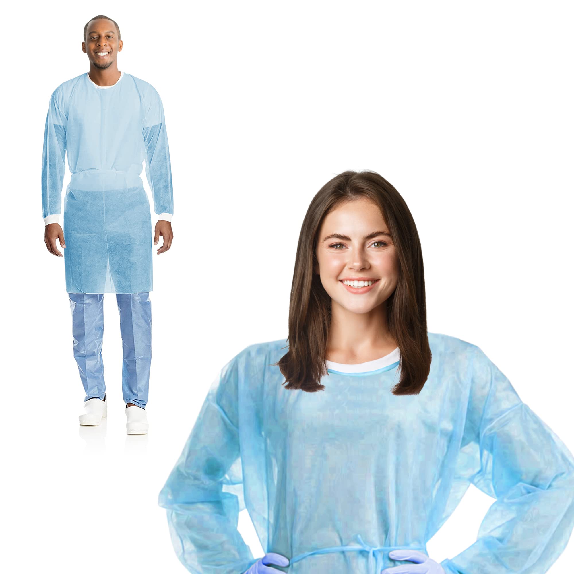 EZGOODZ Disposable Isolation Gowns - Pack of 50 Blue SPP 25 GSM PPE Coveralls | X-Large Unisex Lab Coats with Knitted Cuffs & Back Ties | Breathable Lightweight Protective Clothing for Medical, Dental, Food Service & Industrial Use