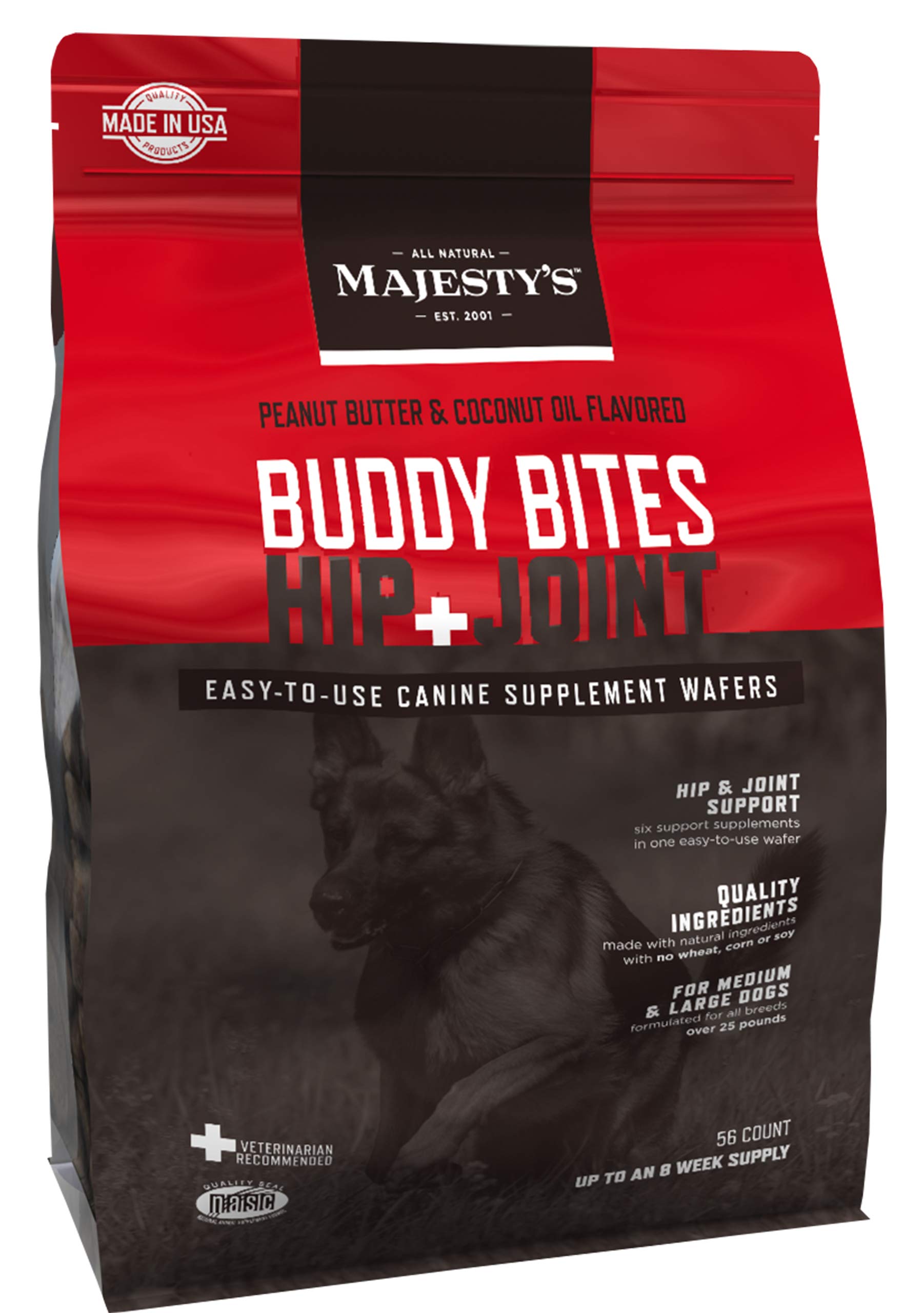 Majesty's Buddy Bites Hip and Joint Wafers for Medium & Large Dogs - Peanut Butter Coconut Oil Flavored Dog Treats - Glucosamine Chondroitin Supplement - 56 Count (8 Week Supply) - Supports Mobility & Joint Health for Active Dogs
