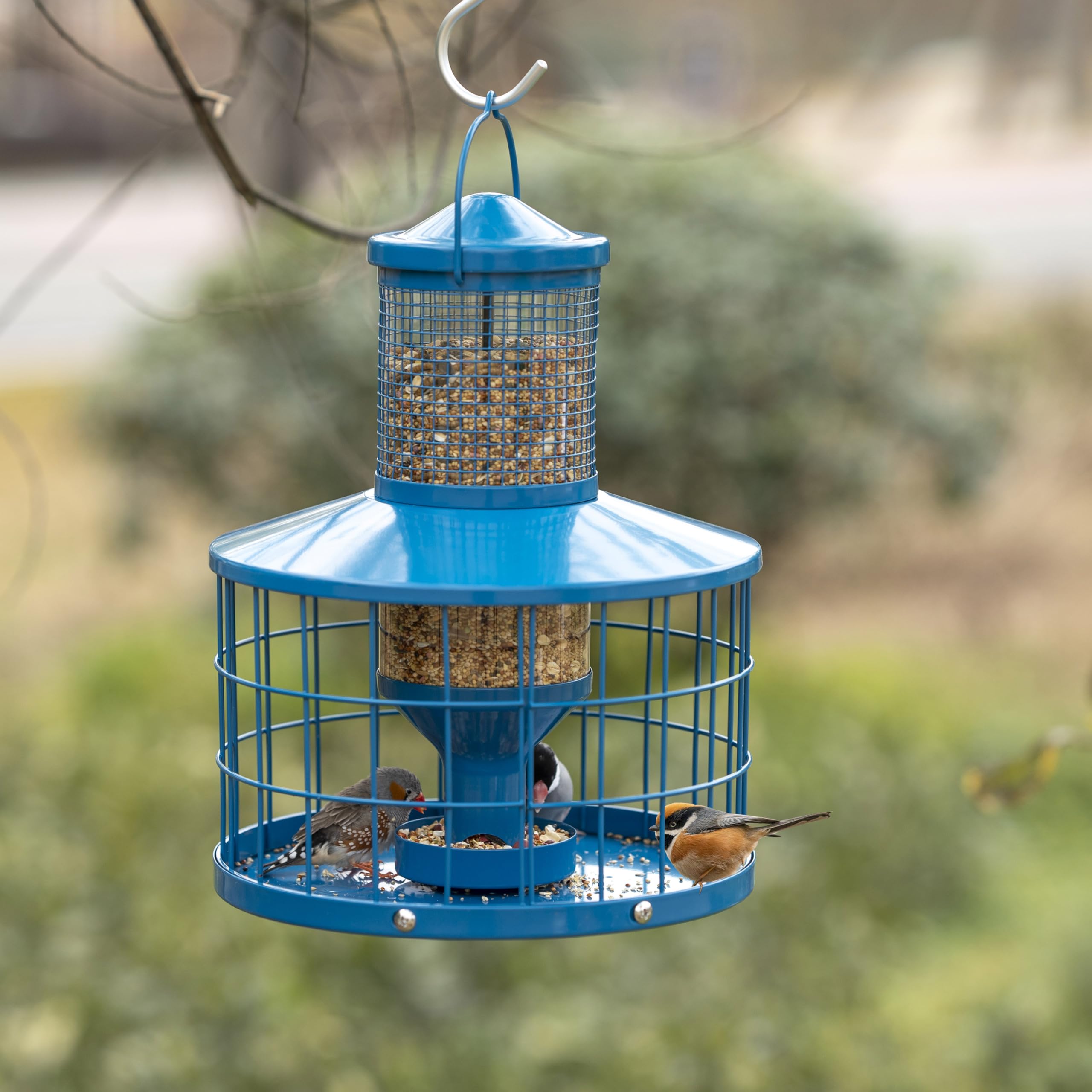 Squirrel Proof Metal Bird Feeder - 2.8Lb Capacity Outdoor Hanging Cage Tube Feeder with Detachable Tray, Easy to Clean & Starling Resistant (Blue) - Perfect for Backyards, Gardens & Bird Watching Enthusiasts