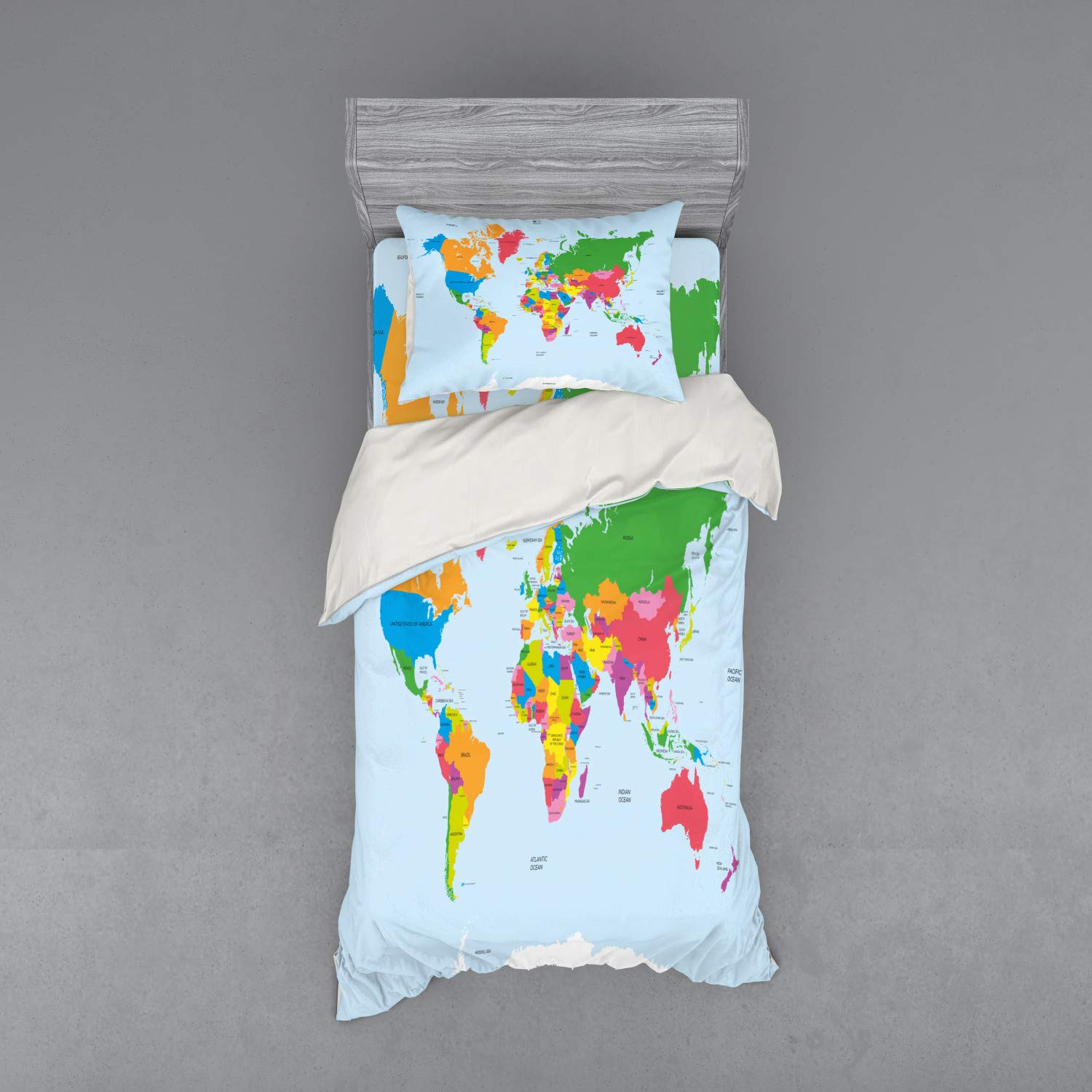 Ambesonne World Map Duvet Cover Set - Colorful Political Style Map of Continents (Europe, America, Asia, Africa) - 3 Piece Bedding Set with Pillow Sham & Fitted Sheet - Twin Size Multicolor - Perfect for Travel Lovers & Geography Enthusiasts Bedroom Decor