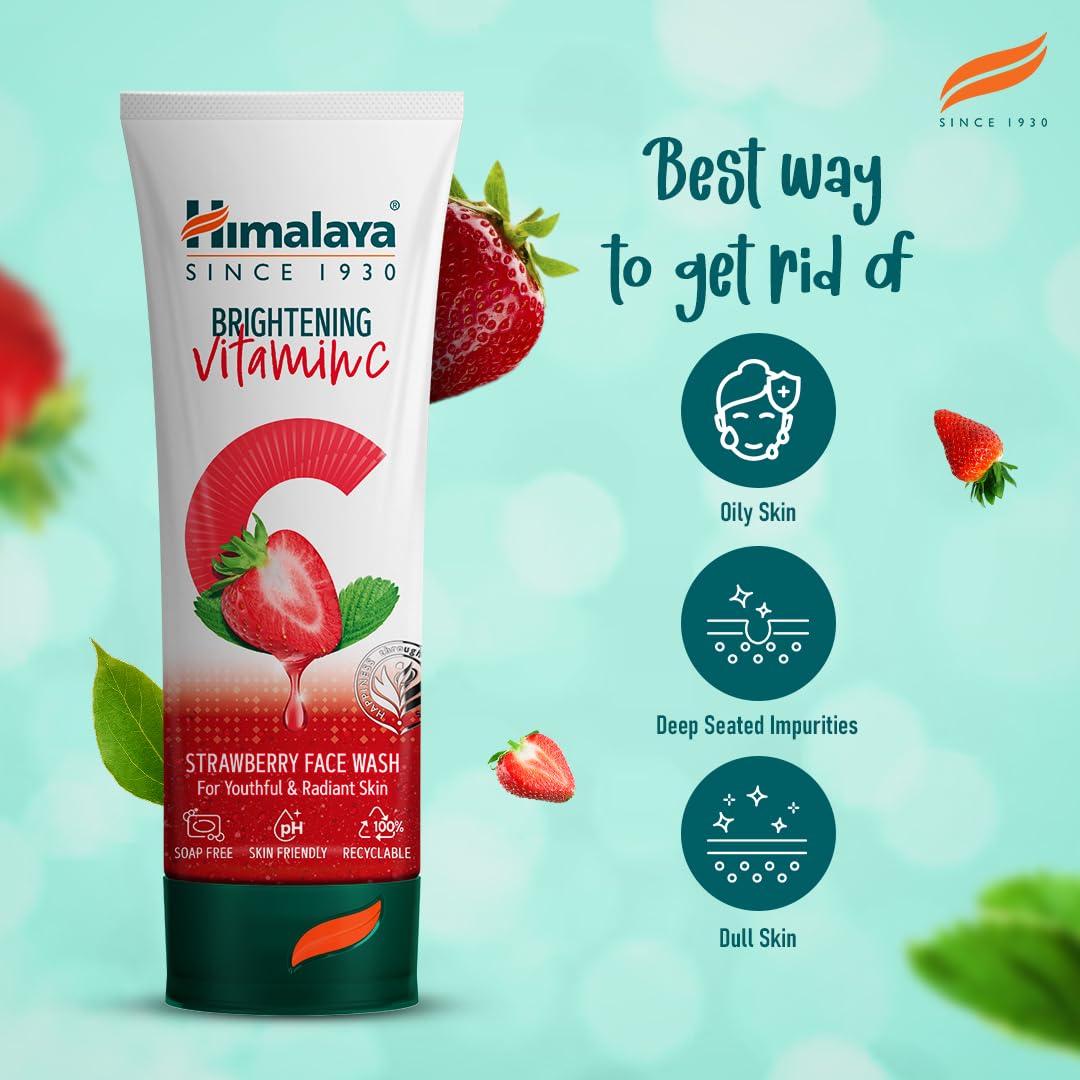 Himalaya Brightening Vitamin C Strawberry Face Wash - Brightening Cleanser for Glowing Skin | Remove Dullness & Dark Spots | 50ml Travel Size | Perfect for Morning Routine & Pre-Makeup Cleansing