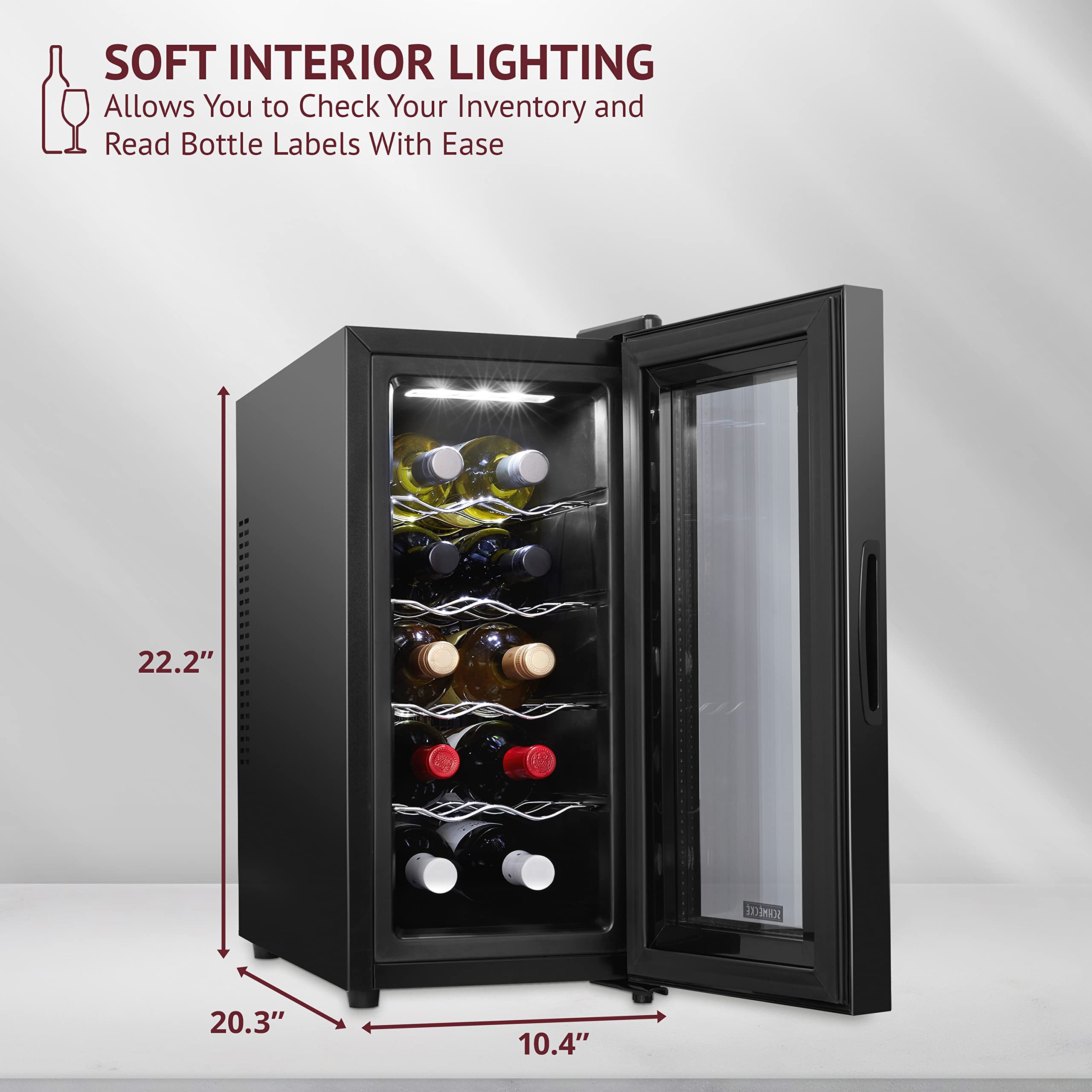 Schmécké 10-Bottle Thermoelectric Wine Cooler & Chiller - Freestanding Countertop Wine Fridge with Digital Temperature Display, Smoked Glass Door & Quiet Operation - Perfect for Home Bars, Kitchens & Entertaining (Red & White Wine Storage)