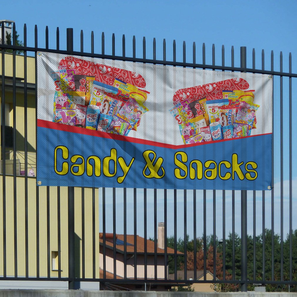 Premium Vinyl Windproof Mesh Banner for Candy & Snacks - 2ft x 3ft Outdoor Fence Sign with 4 Rustproof Grommets | Perfect for Storefronts, Farmers Markets & Outdoor Events