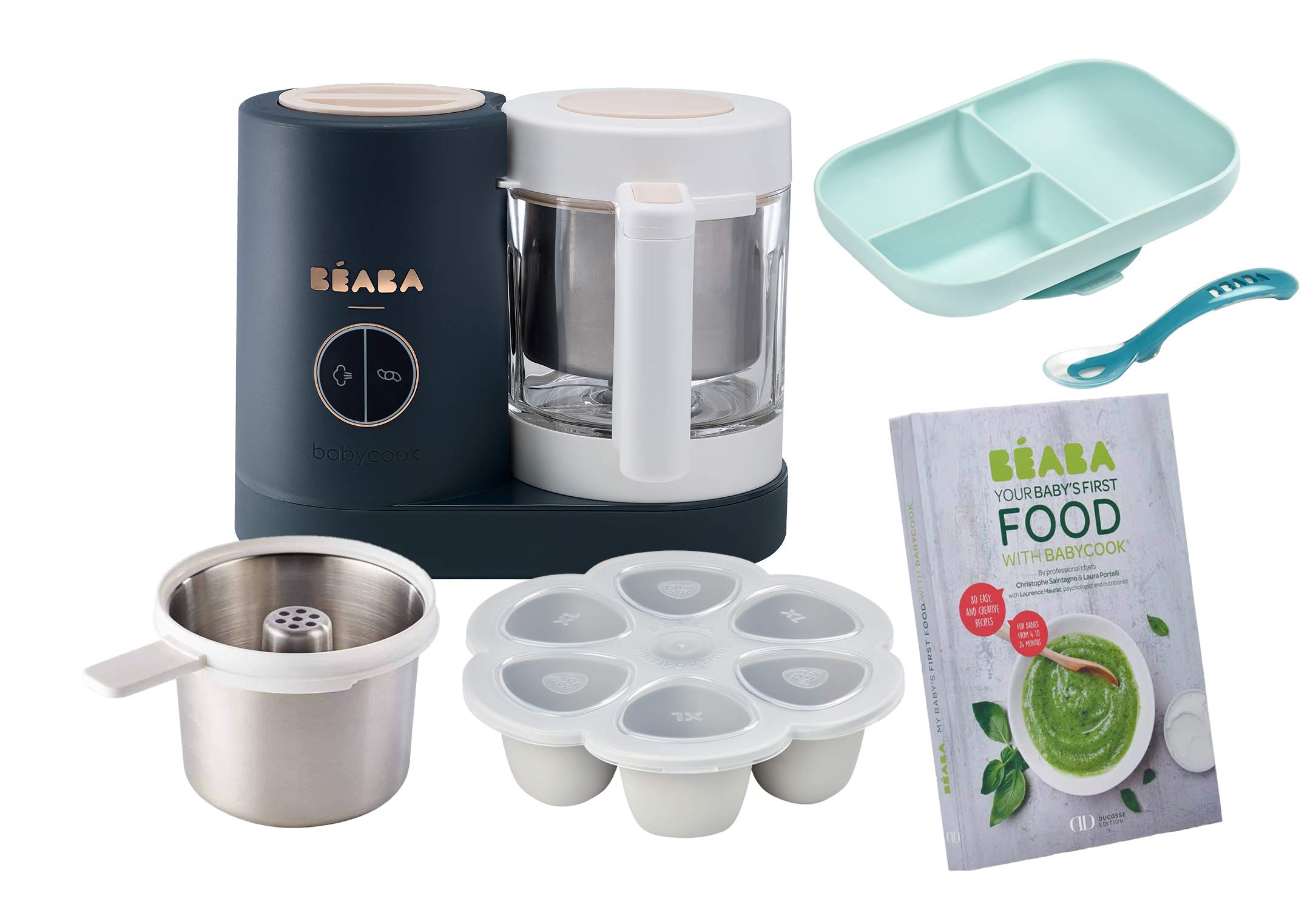 BEABA Babycook Neo Midnight Glass Baby Food Maker with Silicone Divided Plate, Spoon & Storage Tray | Pasta & Grain Insert | Ducasse Cookbook Included | Perfect for Homemade Baby Puree & Meal Prep