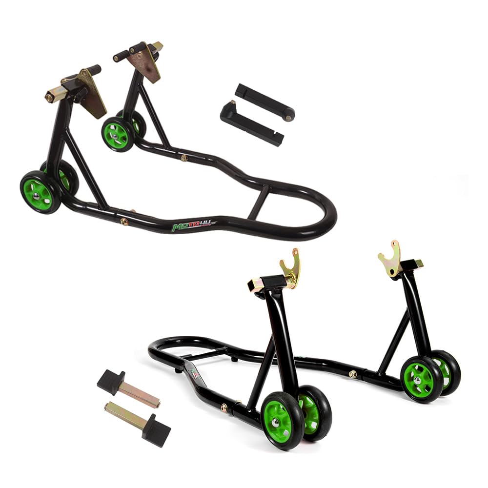 MOTO4U Universal Motorcycle Front & Rear Wheel Lift Stand Combo - Paddock Stand with Swingarm Spool for Sportbikes (Green Wheel) - Perfect for Garage Maintenance, Tire Changes & Bike Storage
