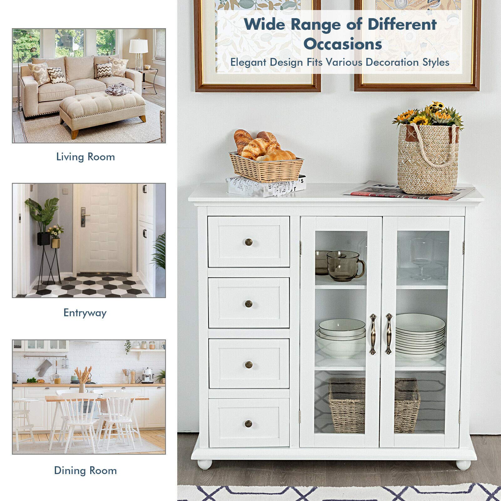 Modern Elegant Buffet Sideboard Table - White Wood Cabinet with 4 Drawers & 3-Tier Storage - Durable Sturdy Construction - Perfect for Dining Room, Living Room, or Entryway Storage Solution