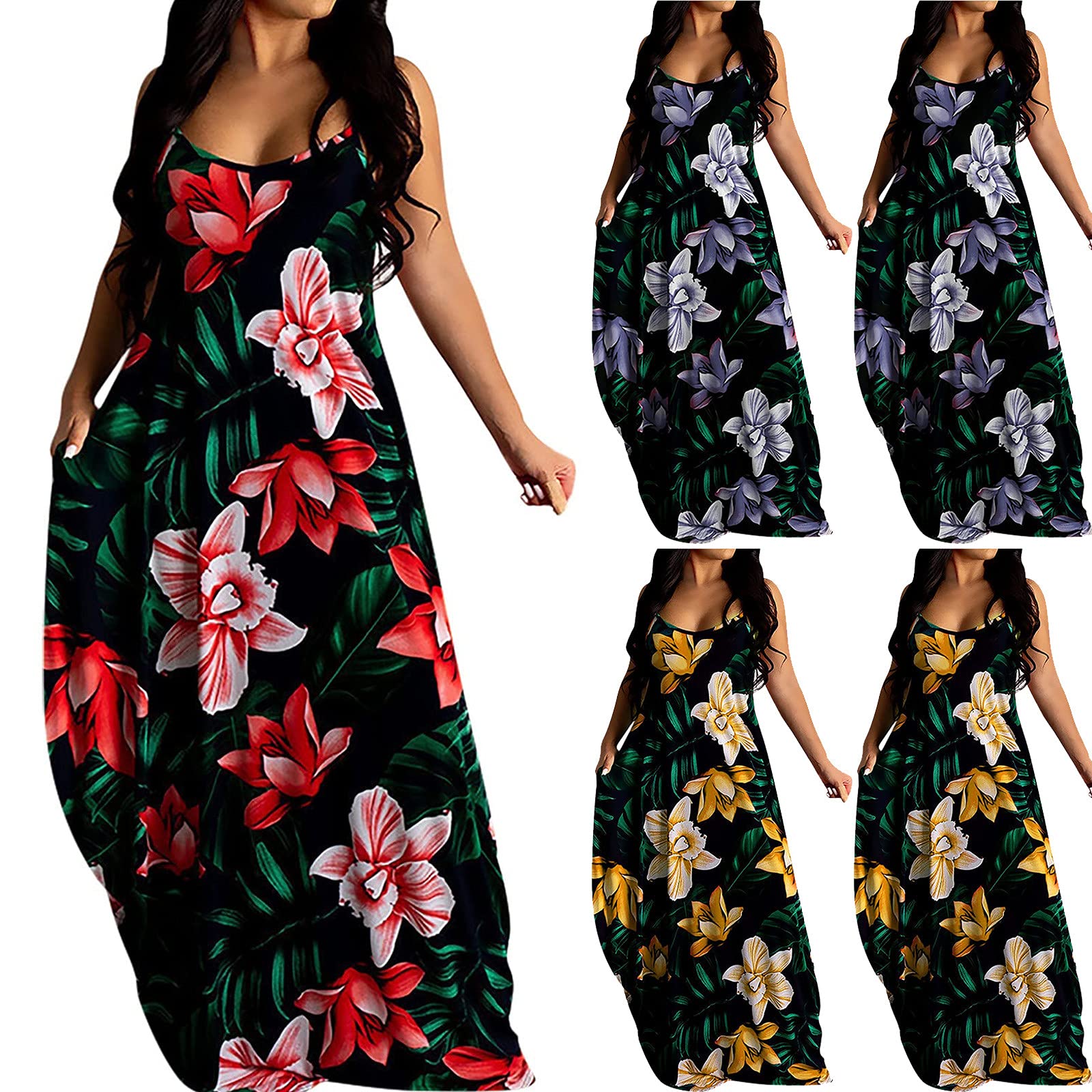 Plus Size Summer Dresses for Women - Sexy Floral Print Spaghetti Strap V-Neck Long Maxi Dress | Perfect for Beach Vacations, Date Nights & Summer Parties