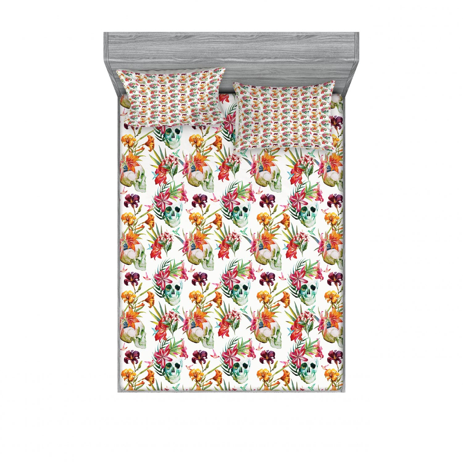 Ambesonne Floral 2-Piece Full Size Fitted Sheet Set with 4 Pillow Shams - Lily Blossom Skull Design in Pink, Orange & Green | Soft Bedding Decor for Guest Rooms, Dorms & Bohemian Style Bedrooms