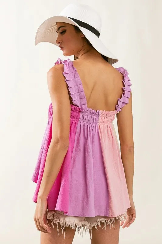BiBi Frill Shoulder Strap Color Block Bodice Top - Women's Fashion Blouse for Party, Date Night & Casual Wear