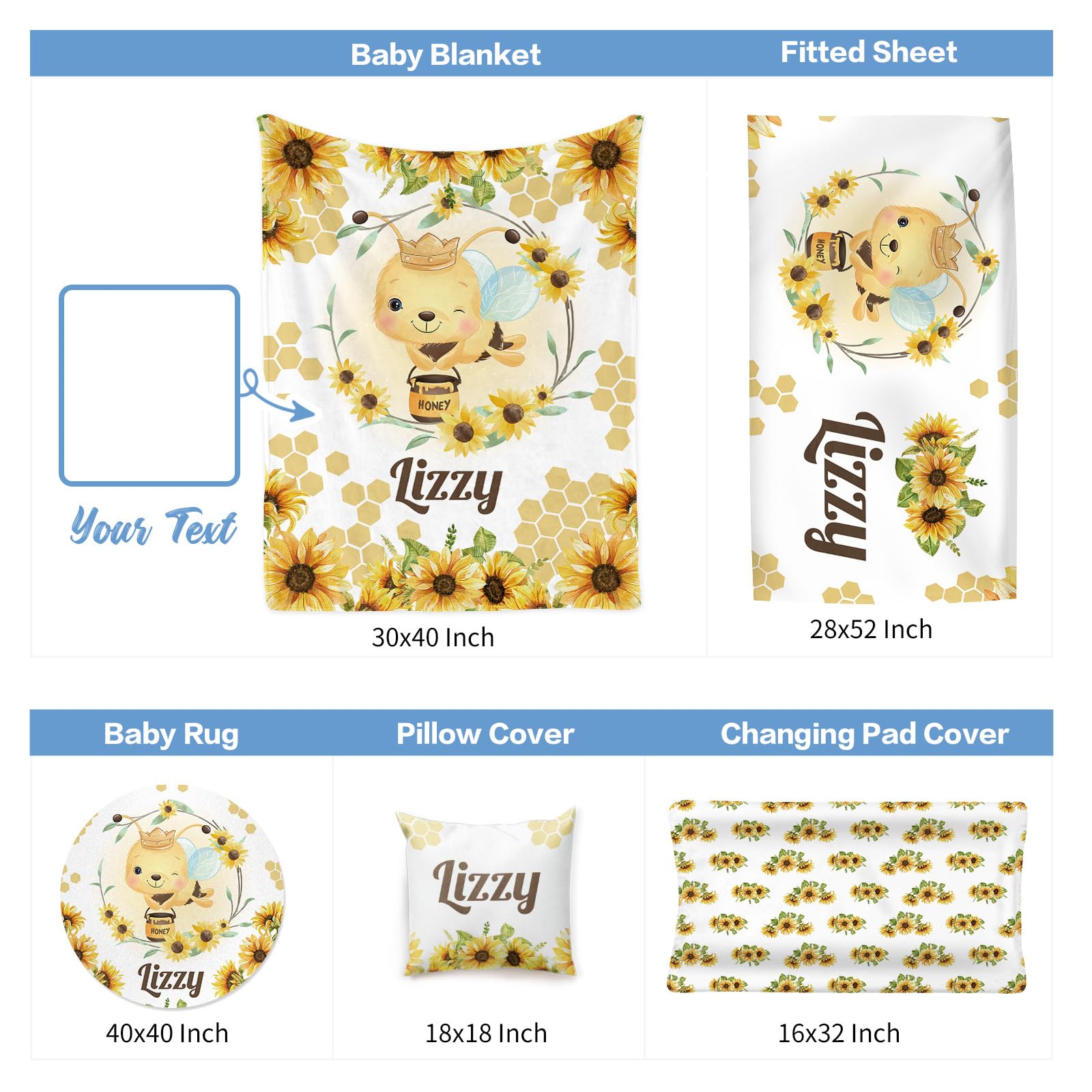 Personalized Baby Crib Bedding Set - 5 Piece Custom Nursery Set with Name for Boys & Girls | Sunflower Bee Theme Crib Set | Perfect Baby Shower Gift & Nursery Decor for Toddlers & Newborns