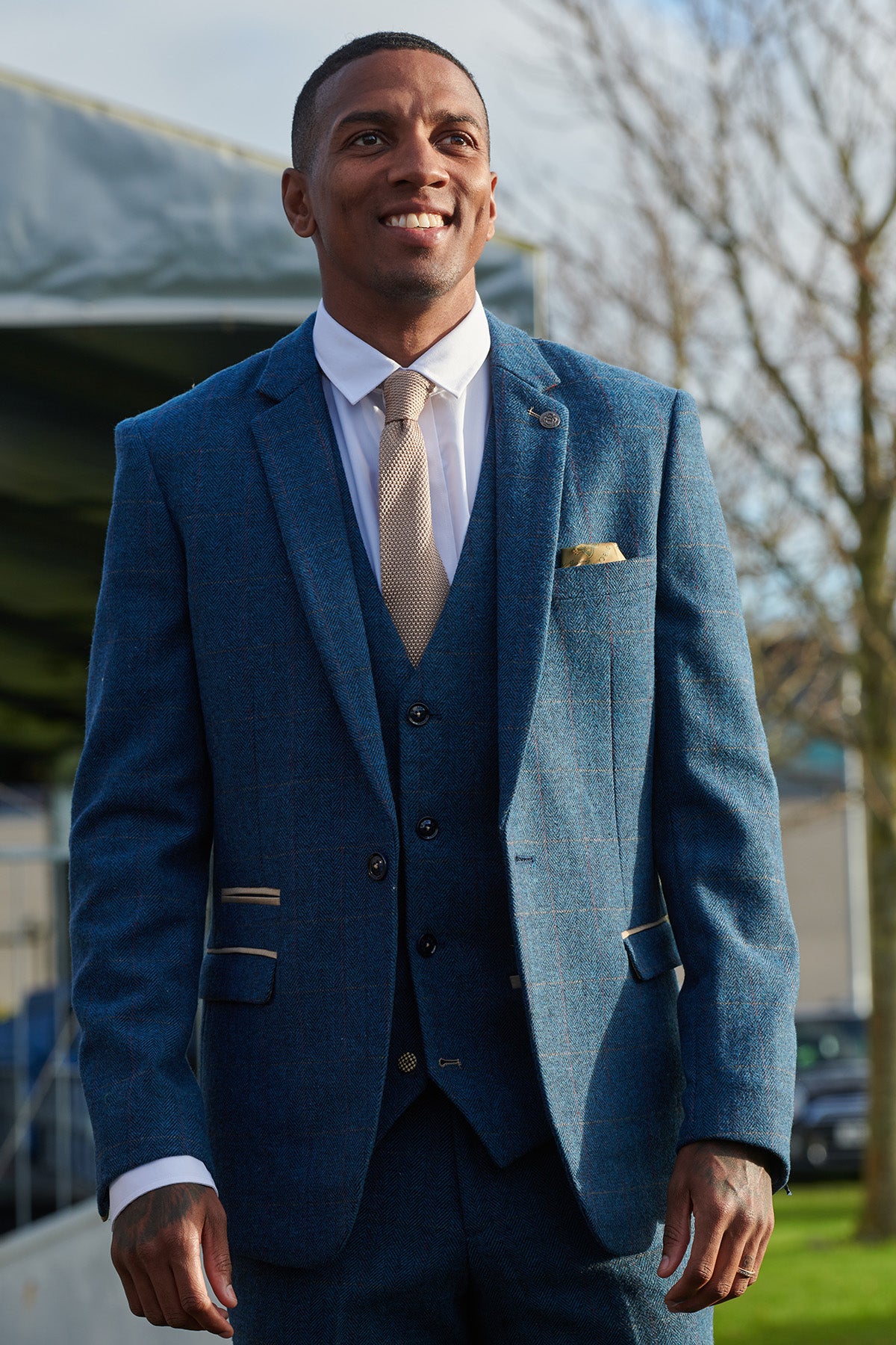 Everton FC Ashley Young DION Blue Tweed Check Suit - Official Licensed Football Suit for Men, Perfect for Matchdays, Weddings & Formal Events