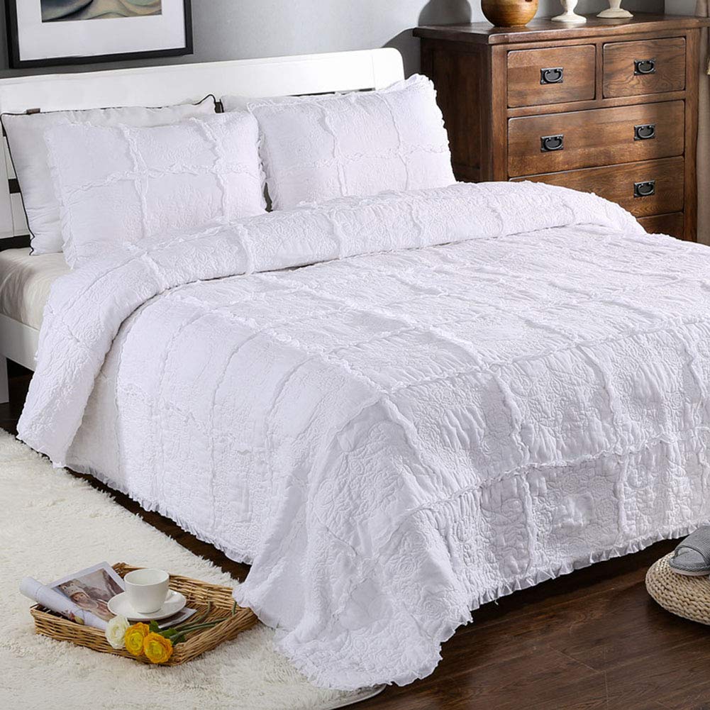 VCTOPS 3-Piece Queen Size Quilt Set - 100% Cotton White Rose Embroidery Bedspread with Ruffles, Soft Bed Coverlet for Cozy Bedroom Decor (Queen, White) - Perfect for Master Bedrooms, Guest Rooms & Farmhouse Style Homes