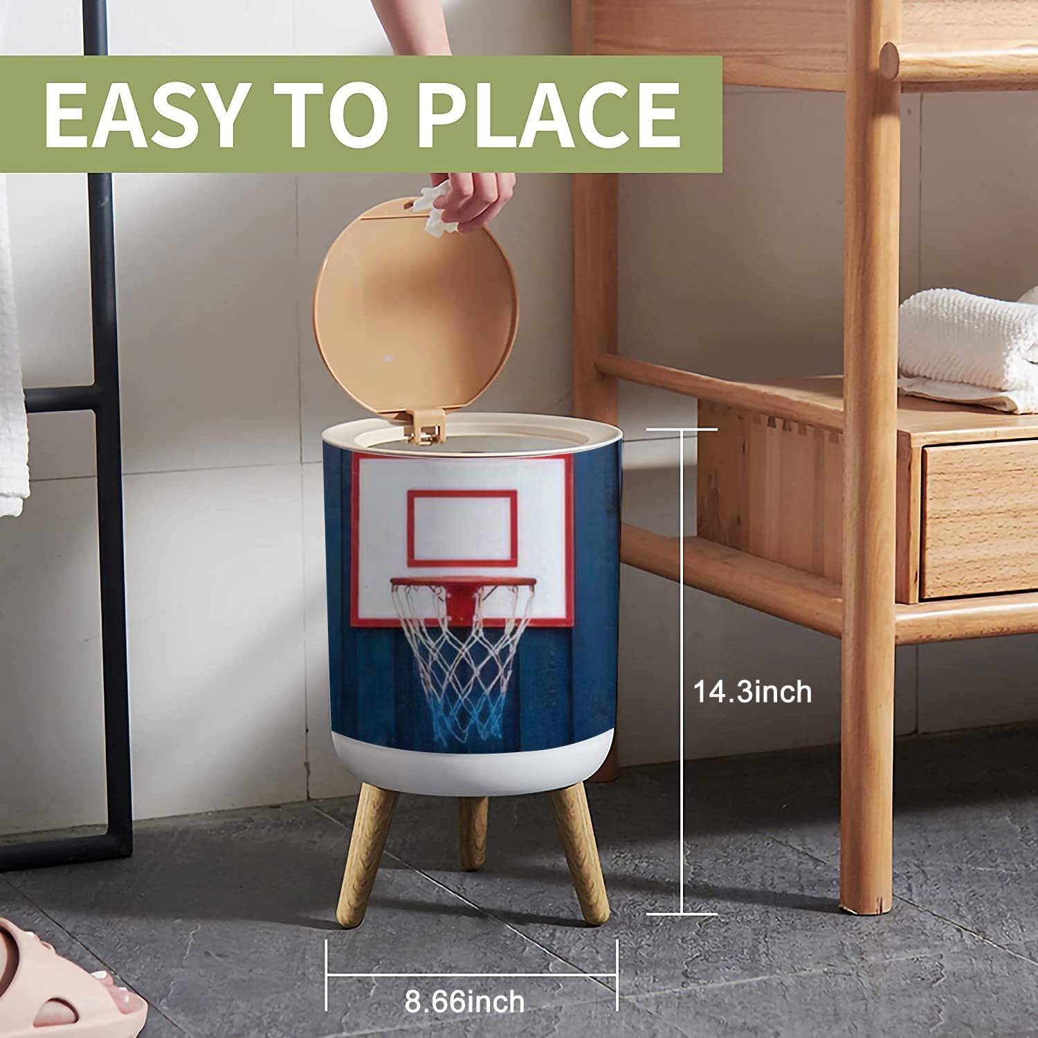 Small Trash Can with Lid - 2 Gallon Bathroom, Kitchen, Office & Outdoor Waste Basket - Dog Proof & Odor Control - Mini Basketball Hoop Design for Bedroom, Nursery & Diaper Disposal - Cute Decorative Garbage Bin for Home & Office Use
