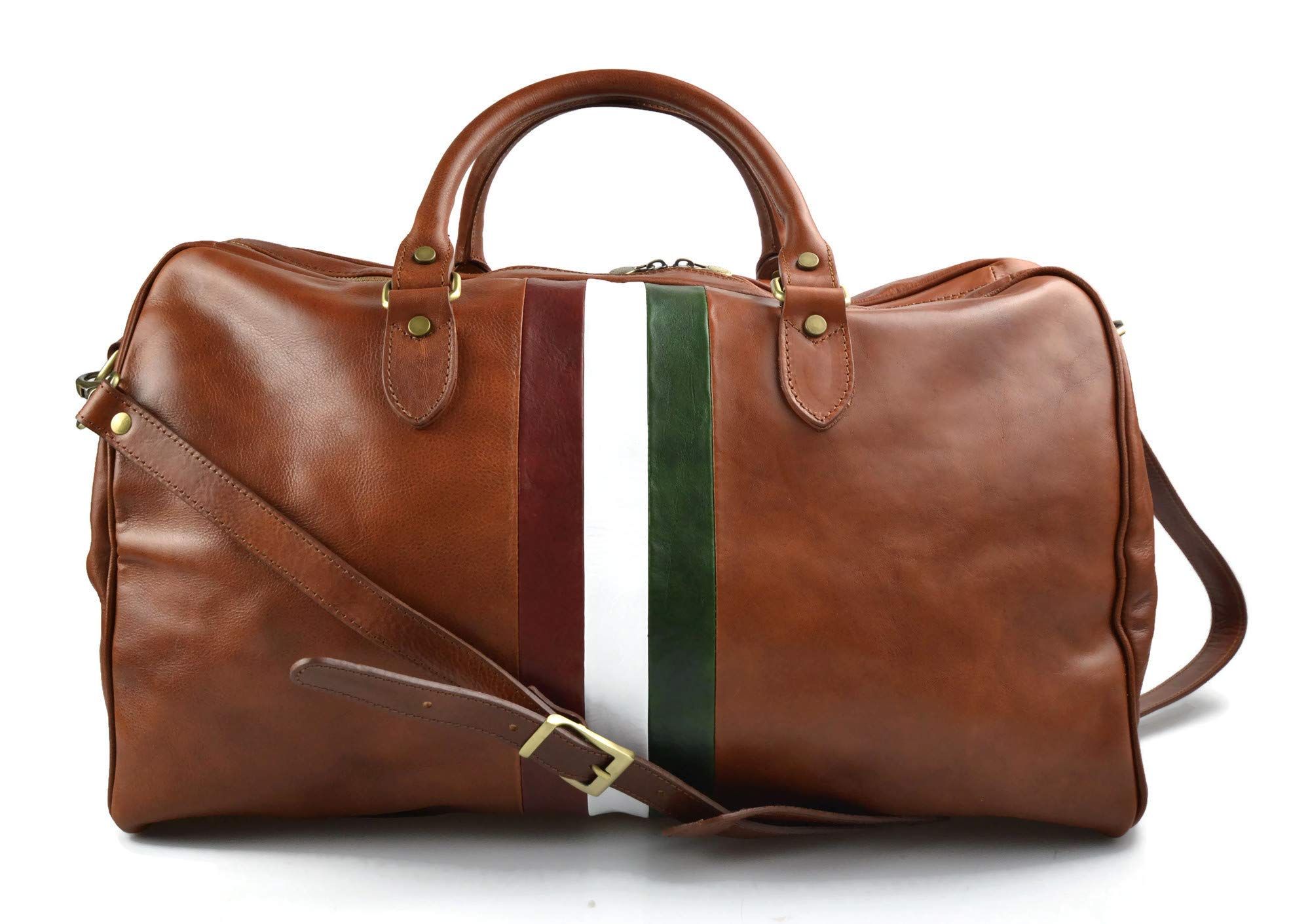 Premium Italian Leather Travel Duffle Bag for Men & Women - Weekender Gym Bag with Shoulder Strap - Honey Color & Italian Flag Design - Perfect for Travel, Gym, Work & Weekend Getaways