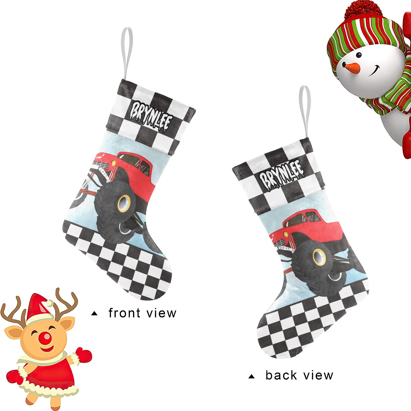 Custom Personalized Red Monster Truck Christmas Stockings with Name - Large Family Holiday Stocking for Adults, Kids, Baby & Pets - Perfect for Xmas Decorations & Gifts for Boys, Girls & Families