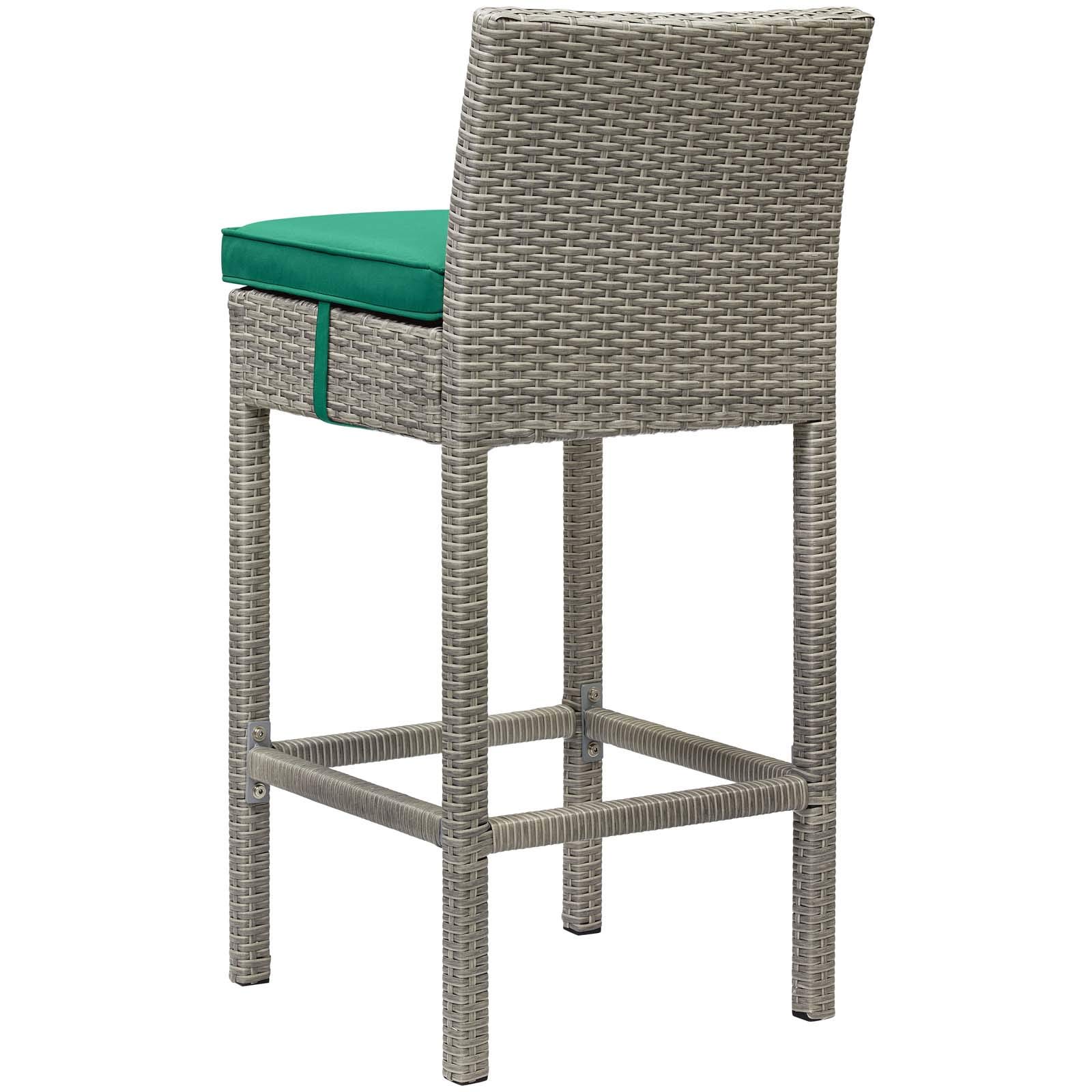 Modern Contemporary Outdoor Patio Bar Stool - Rattan Wicker Chair for Balcony, Garden or Poolside - Light Gray & Green Accent - Perfect for Lounging, Entertaining or Outdoor Dining