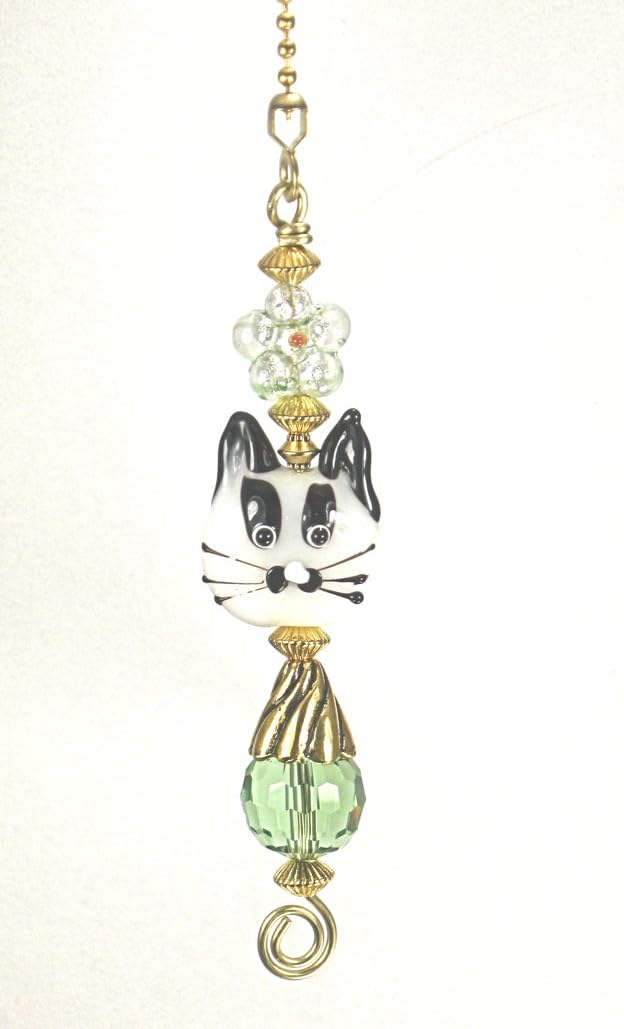 Handmade Kitty Cat Lampwork Glass Ceiling Fan Pull - Green Light for Home Decor | Perfect for Bedroom, Living Room & Nursery