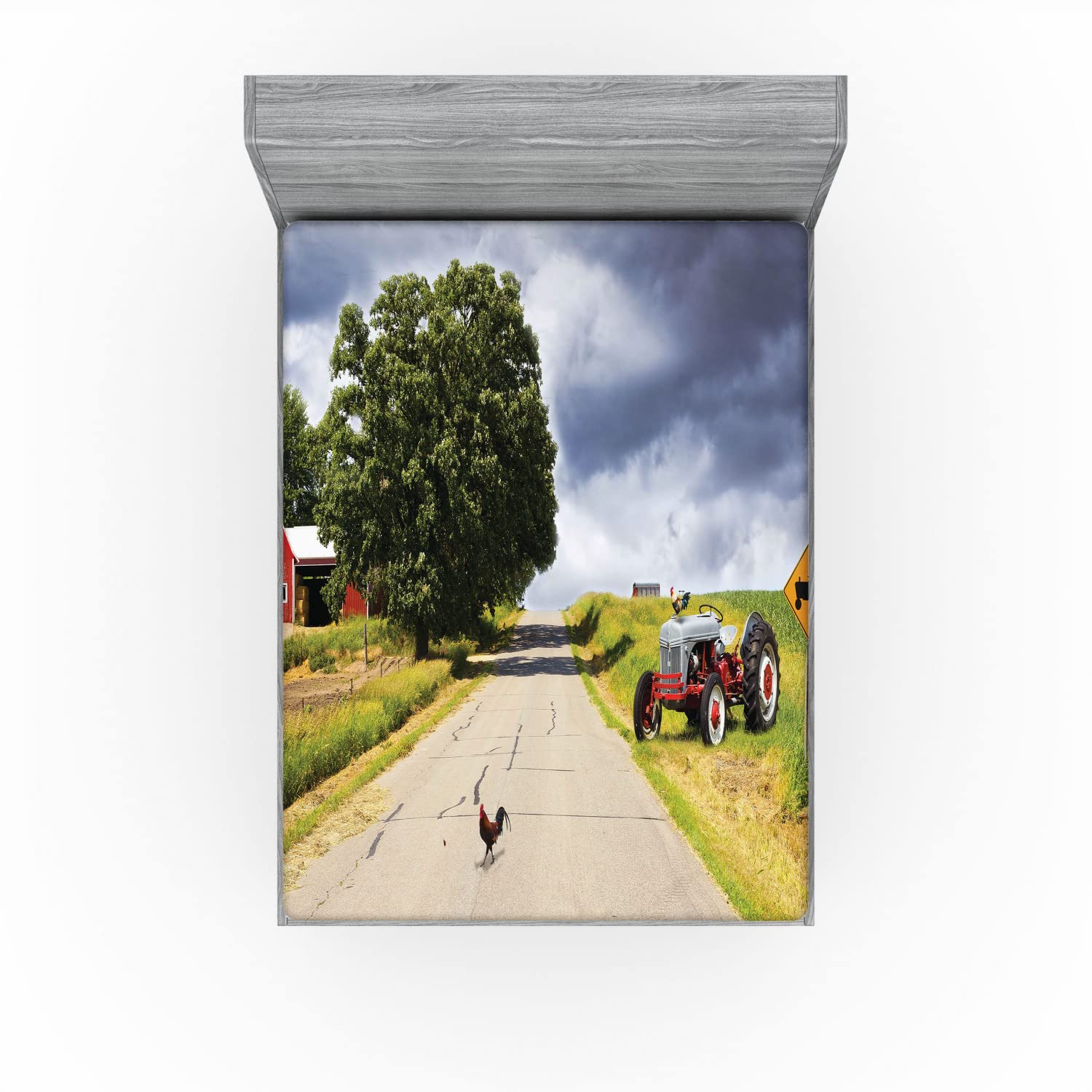 Ambesonne Farmhouse Fitted Sheet - Queen Size Deep Pocket Bedding with All-Around Elastic, Country Road Barn & Tractor Stormy Day Print - Perfect for Farmhouse, Rustic & Country Style Bedrooms