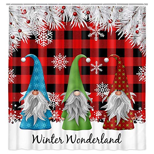 JAWO Christmas Shower Curtain Set - Waterproof Fabric Bathroom Decor with 12 Hooks | Cute Gnome & Snowflake Red Black Plaid Design | Perfect for Holiday Bathroom Decor, Christmas Party & Festive Home Styling