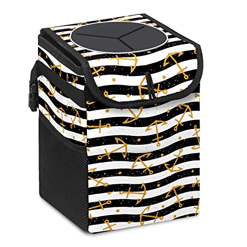 Waterproof Car Trash Can with Lid - Collapsible Hanging Auto Garbage Bag with Storage Pockets | Gold Anchor & Black White Chevron Design | Multipurpose Vehicle Organizer for Road Trips, Camping & Daily Commute