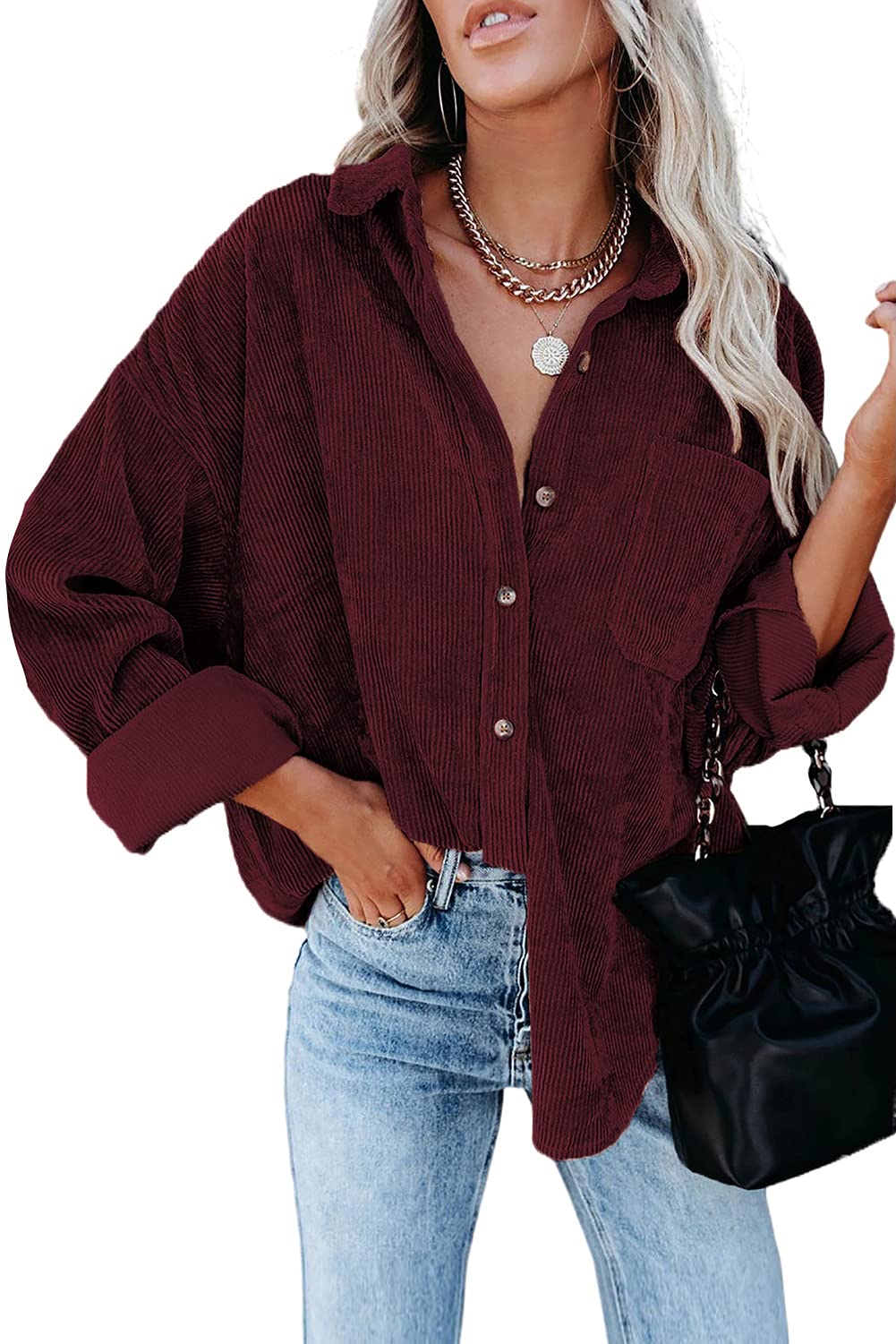 Magritta Women's Long Sleeve Button Down Shirt - V Neck Collared Oversized Blouse with Pockets - Casual Work Office & Everyday Wear Tops