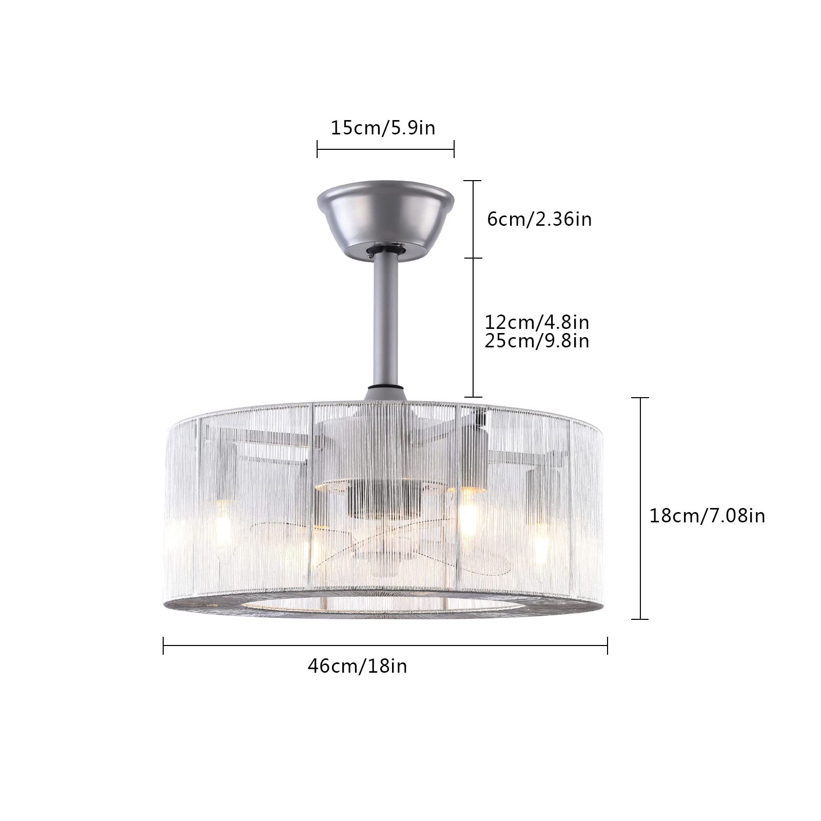 TFCFL 18 Inch Modern Bladeless Ceiling Fan with Remote Control - Low Profile Caged Design, 3 Speed Settings, E26x4 Bulb Base - Perfect for Bedroom, Dining Room & Living Room (Silver) | Energy Efficient Indoor Cooling & Stylish Lighting Solution