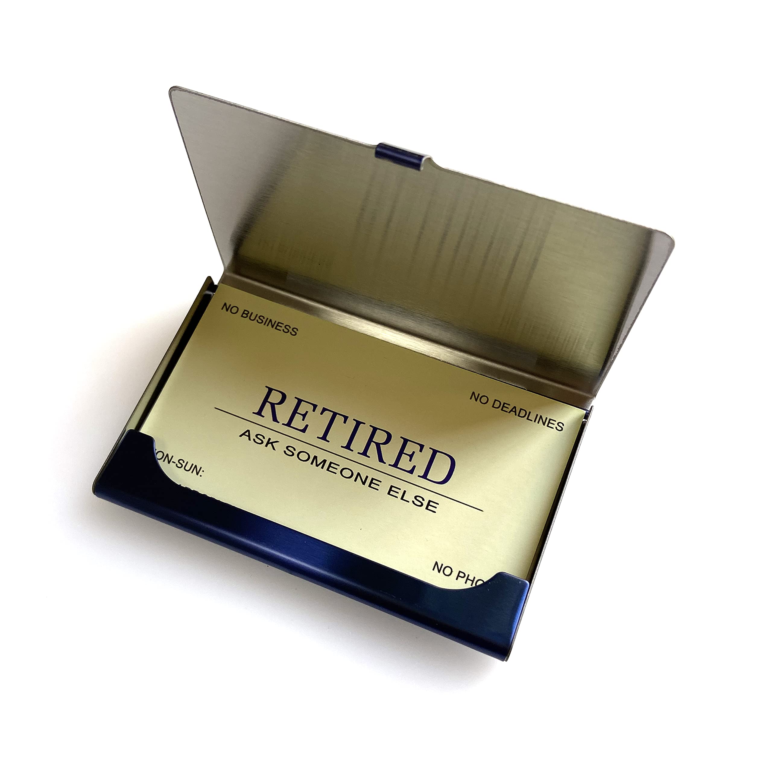 RXBC2011 Retired Business Cards - 50 Yellow Cards in Blue Stainless Steel Case | Funny Retirement Gift for Men, Women & Coworkers | Perfect for Retirement Parties, Office Farewells & Humorous Keepsakes