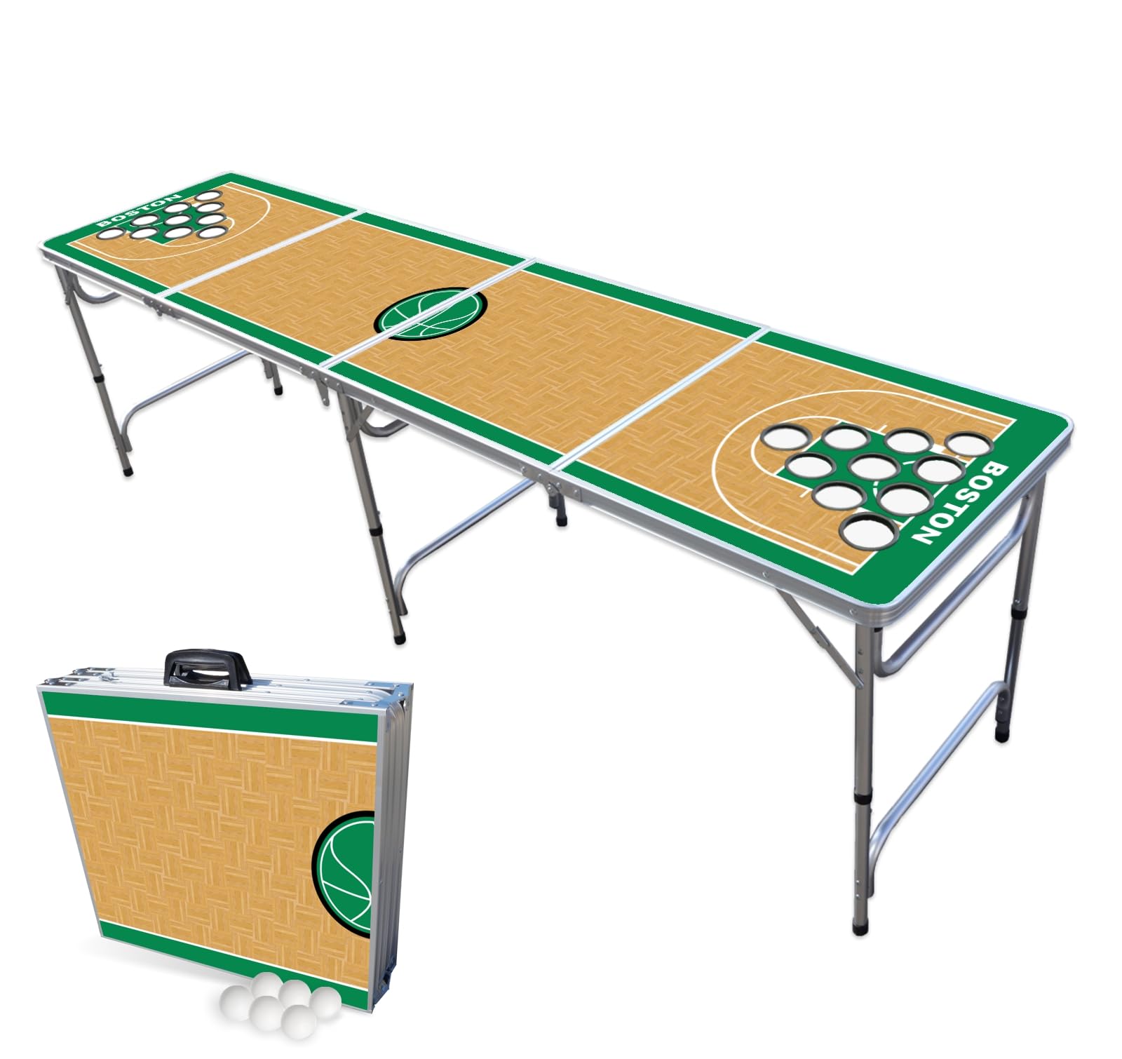8-Foot Folding Portable Beer Pong Table with LED Lights & Cup Holders - Boston Celtics Basketball Court Design for Indoor/Outdoor Parties, Tailgates & Game Nights