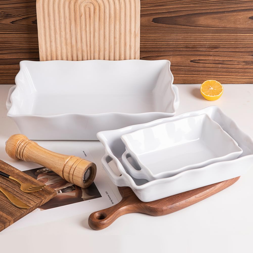 Sweejar 3-Piece Ceramic Casserole Dish Set - Rectangular Baking Pan with Handles & Wave Edge, Oven Safe Lasagna Pan for Cooking, Baking Cakes, Family Dinners, Banquets & Daily Kitchen Use (White) - Perfect for Holiday Meals, Potlucks & Entertaining Guests