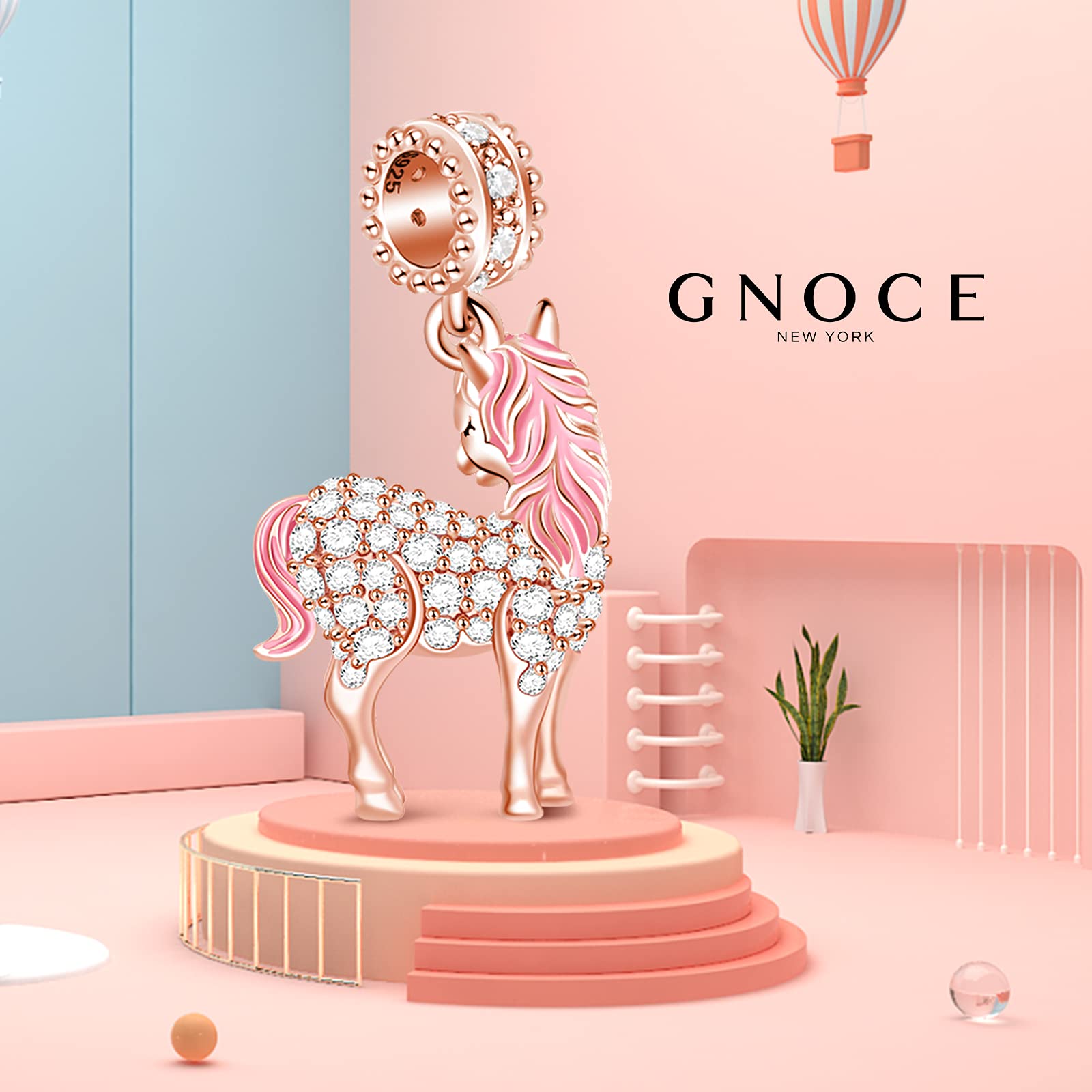 GNOCE 925 Sterling Silver 18K Rose Gold Plated Pink Unicorn Pendant Charm for Women - Sparkly & Vibrant Jewelry Gift for Birthday, Valentine's Day - Perfect for Bracelets, Necklaces & DIY Jewelry Making