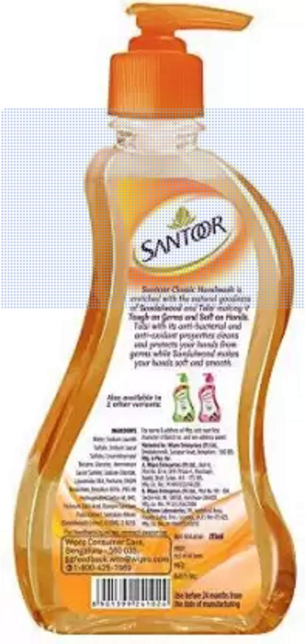 Santoor Hand W789 Hand Wash Pump Dispenser (3 x 215ml) - Antibacterial Liquid Soap for Kitchen, Bathroom & Office - Refillable Dispenser for Home & Commercial Use