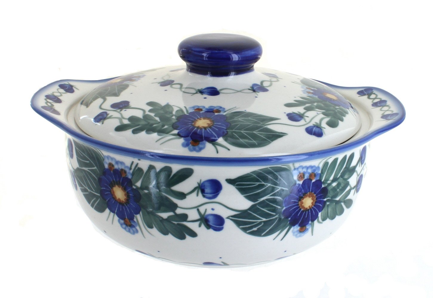 Blue Rose Polish Pottery Forget Me Not Round Covered Baker - Handmade Ceramic Baking Dish for Casseroles, Soups & Desserts - Perfect for Dinner Parties & Holiday Gatherings