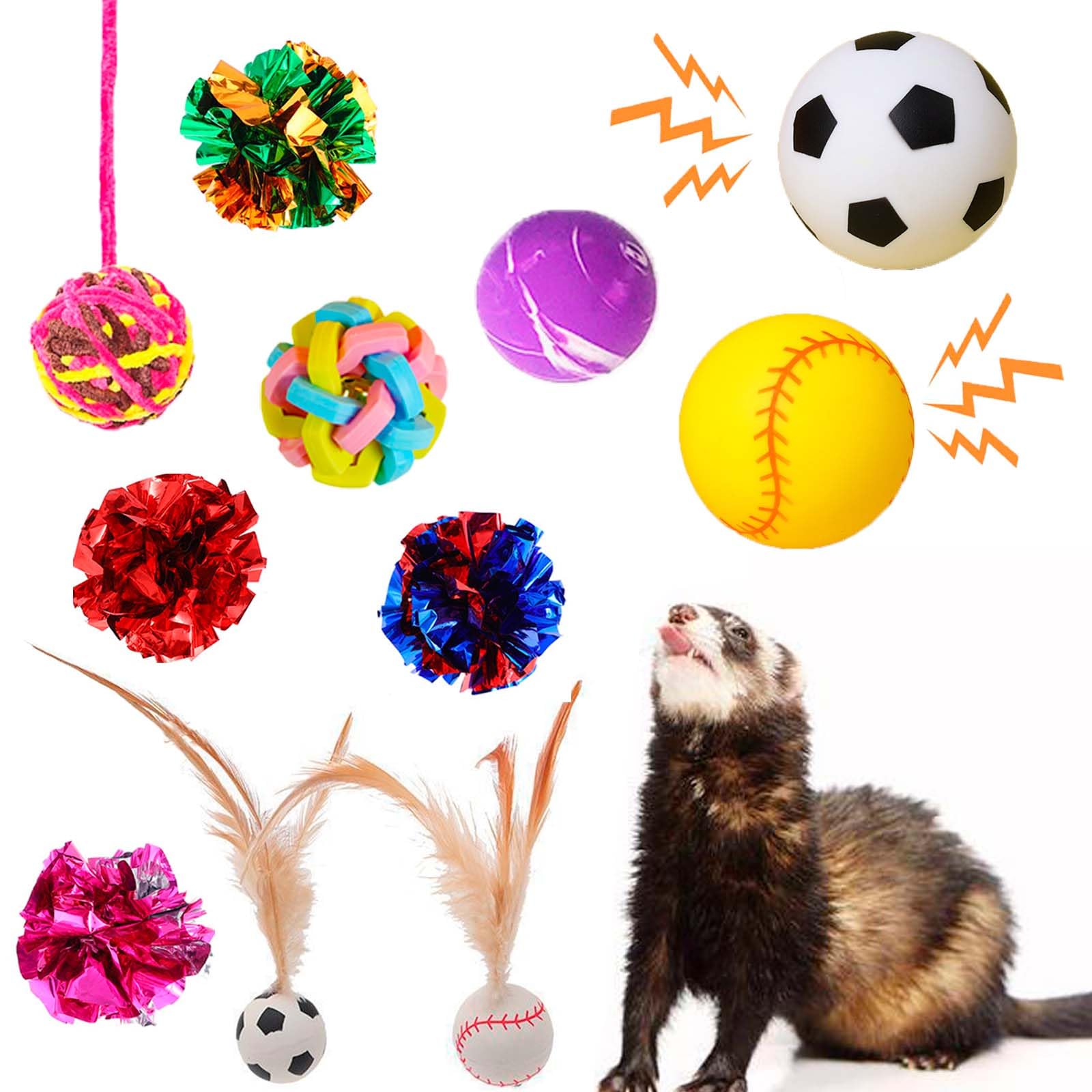 11-Piece Ferret Squeaky Toy Balls with Squeaker & Bell - Colorful Bouncy Rubber Chew Toys for Ferrets, Cats & Dogs - Interactive Crinkle Sound Teething & Exercise Toys for Small Pets - Perfect for Playtime, Training & Dental Health