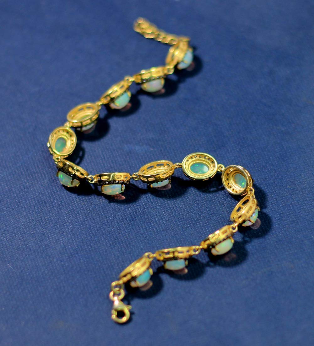 925 Sterling Silver Ethiopian Opal Bracelet with White CZ & Yellow Gold Plating | Elegant Jewelry for Women, Perfect for Parties, Weddings & Special Occasions