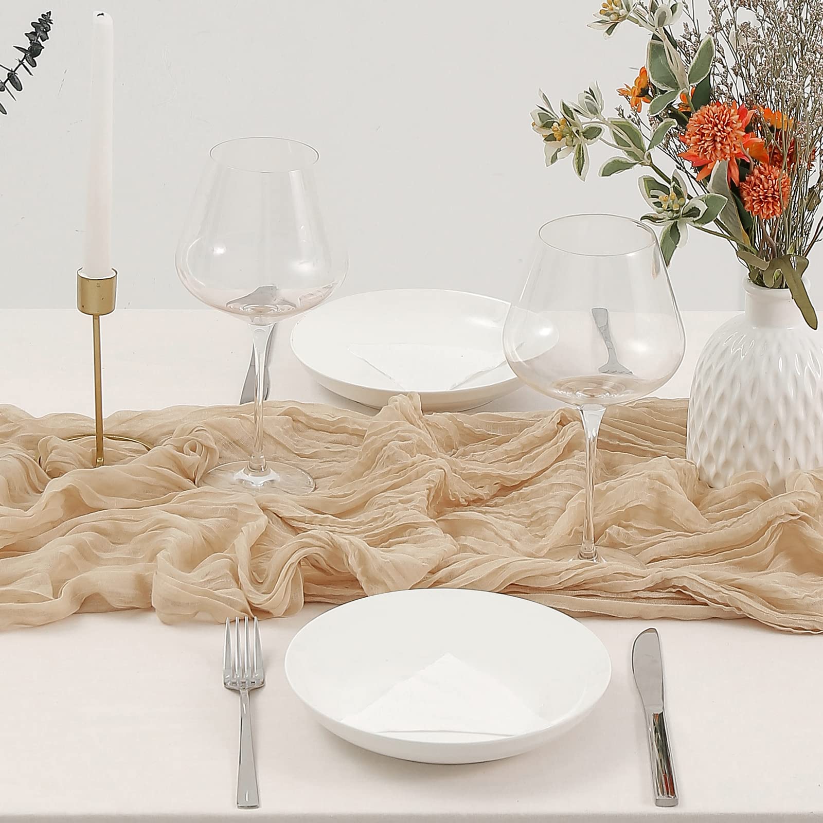8PCS Beige Cheesecloth Table Runners - 13.3ft Boho Gauze Fabric, Rustic Sheer Table Decor for Wedding, Bridal Shower, Birthday Party, Cake Table, Home Dining & Outdoor Picnic Decorations