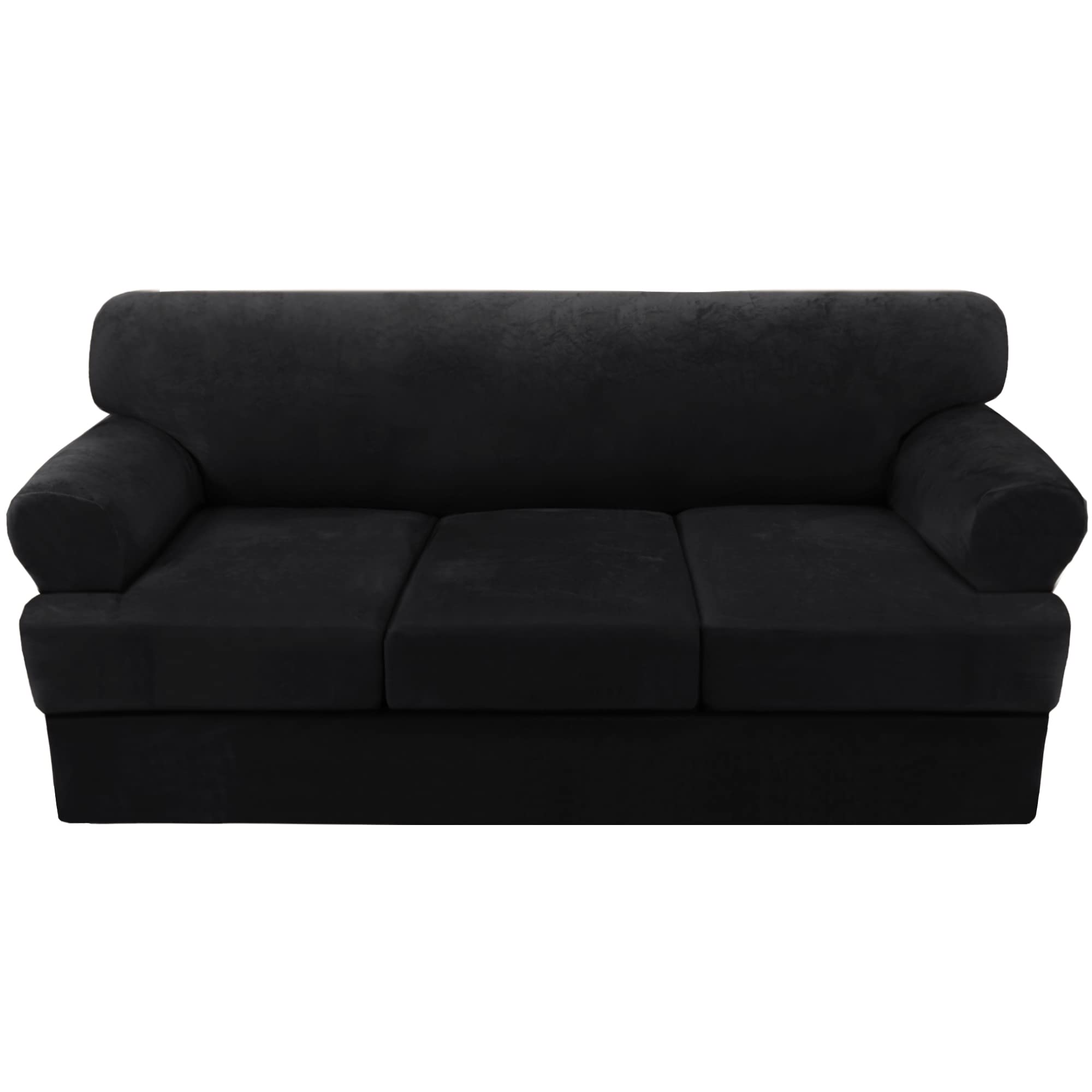 H.VERSAILTEX 4-Piece Velvet Stretch Sofa Slipcover Set - Washable T Cushion Covers for 3-Seater Couch, Furniture Protector (Black) | Perfect for Living Room, Family Room & Home Decor Protection